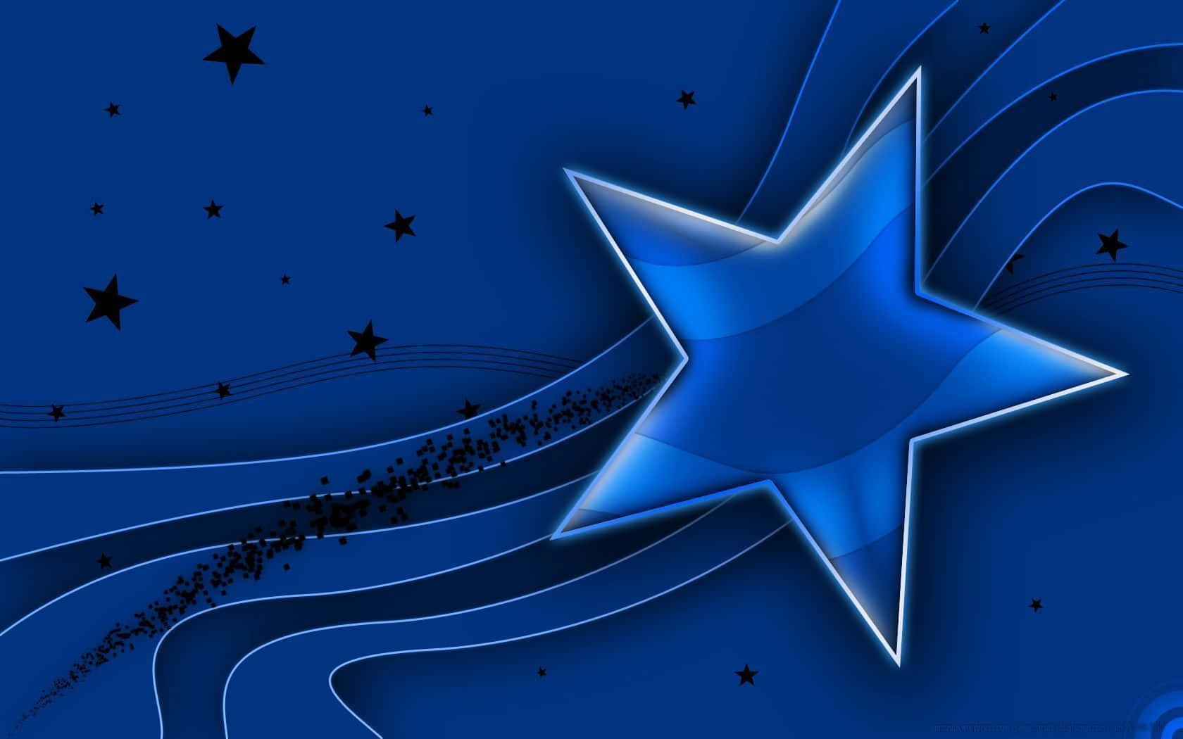 Blue Stars 桌布 壁紙 — 一顆發光的藍色星星帶有明亮的輪廓，劃過點綴著黑色星星和流動波浪線的深藍色天空。