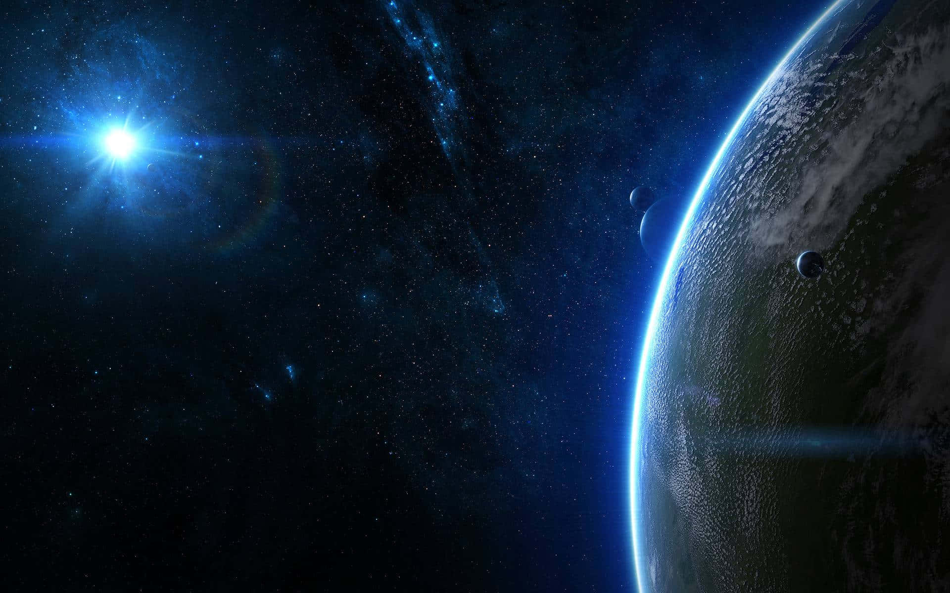 Constellation 桌布 壁紙 — 一顆發光的藍色星星照亮了宇宙場景，行星的彎曲地平線和兩個小衛星在星場中。