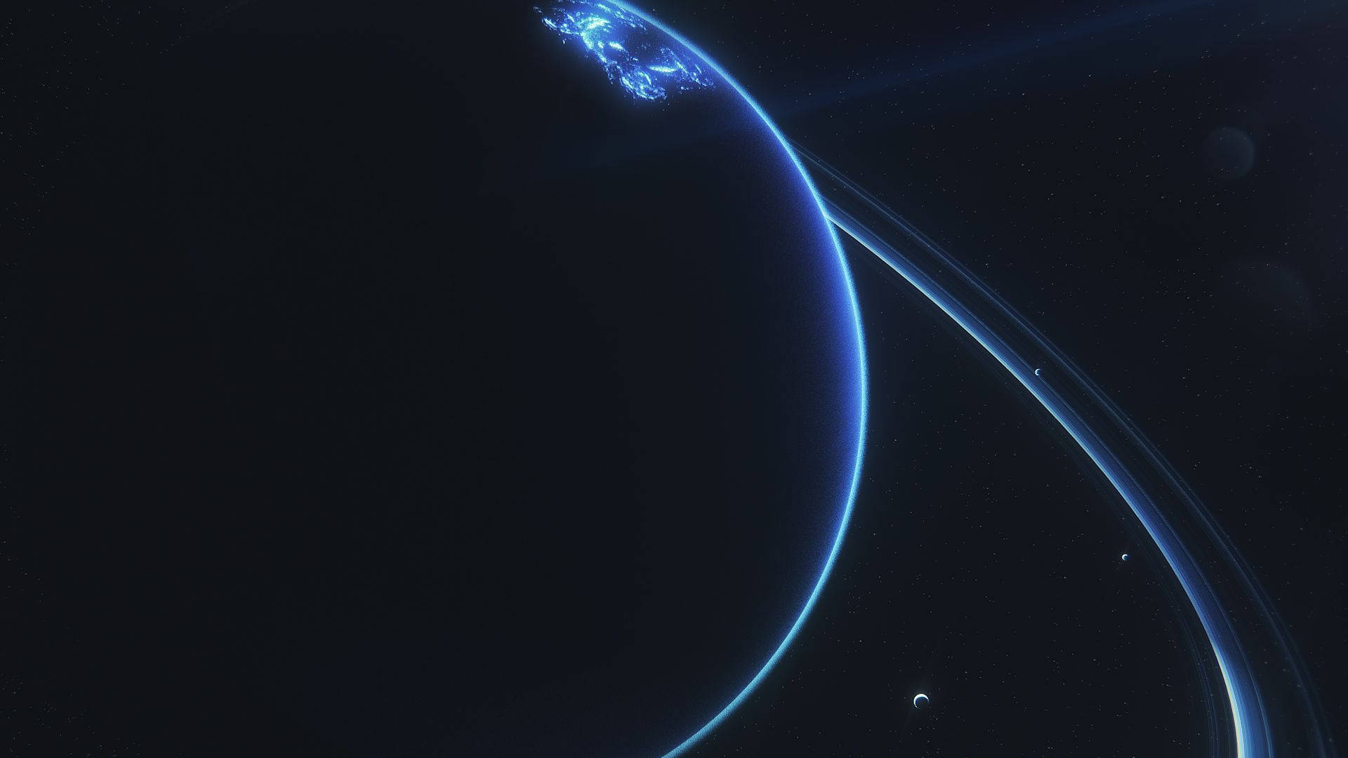 太陽系 桌布 壁紙 — 一顆發光的藍色星球，城市燈光在星空虛空中彎曲，由發光的軌道環框住。