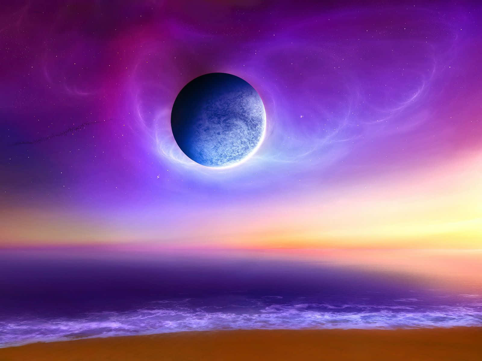 Colorful Space 桌布 壁紙 — 一顆發光的藍色星球懸掛在充滿活力的紫色和橙色天空上，位於發光的海洋地平線之上。