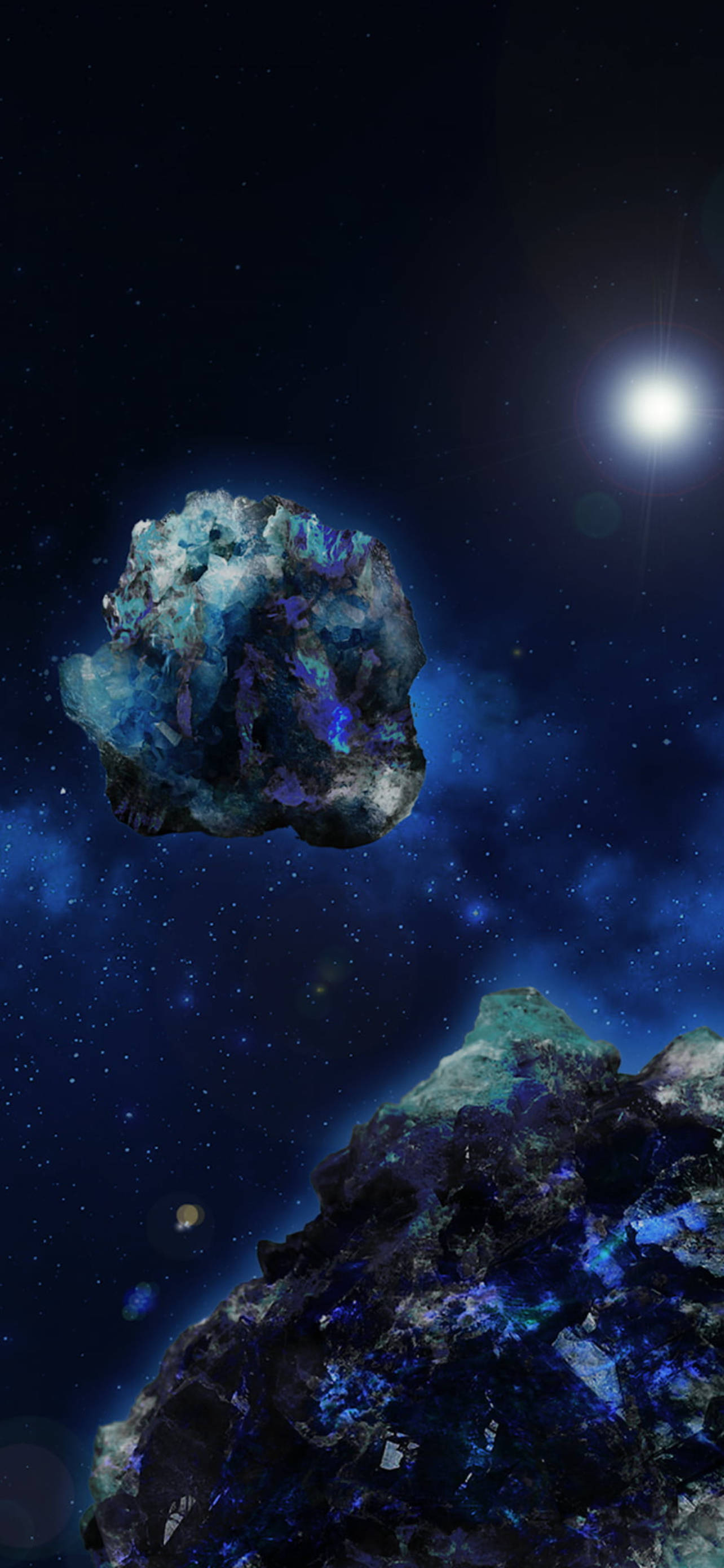 宇宙 桌布 壁紙 — 一顆發光的藍色水晶小行星在繁星點點的宇宙虛空中漂流，遠處有一顆明亮的太陽。