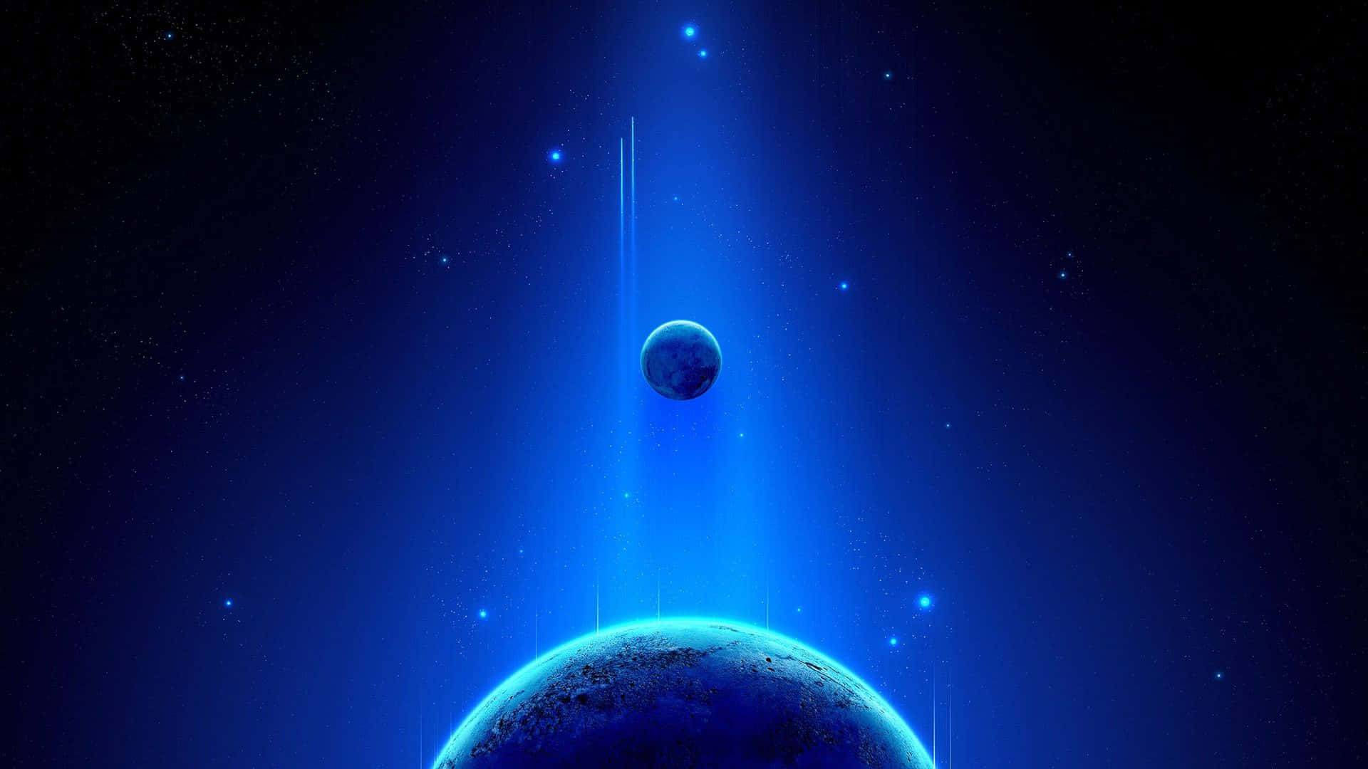 Blue Planet 桌布 壁紙 — 一顆發光的藍色行星，上方懸掛著一個較小的衛星，背景是星光燦爛的宇宙。