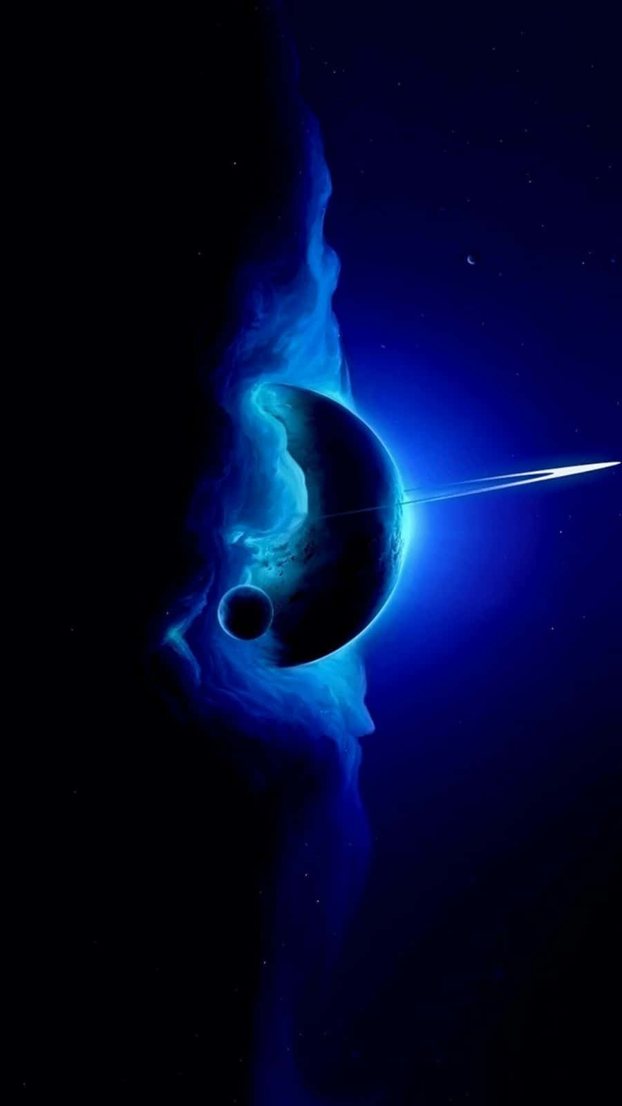 Celestial Bodies 桌布 壁紙 — 一顆發光的藍色行星，伴隨著一彎新月和一顆明亮的彗星在黑暗的星空劃過。