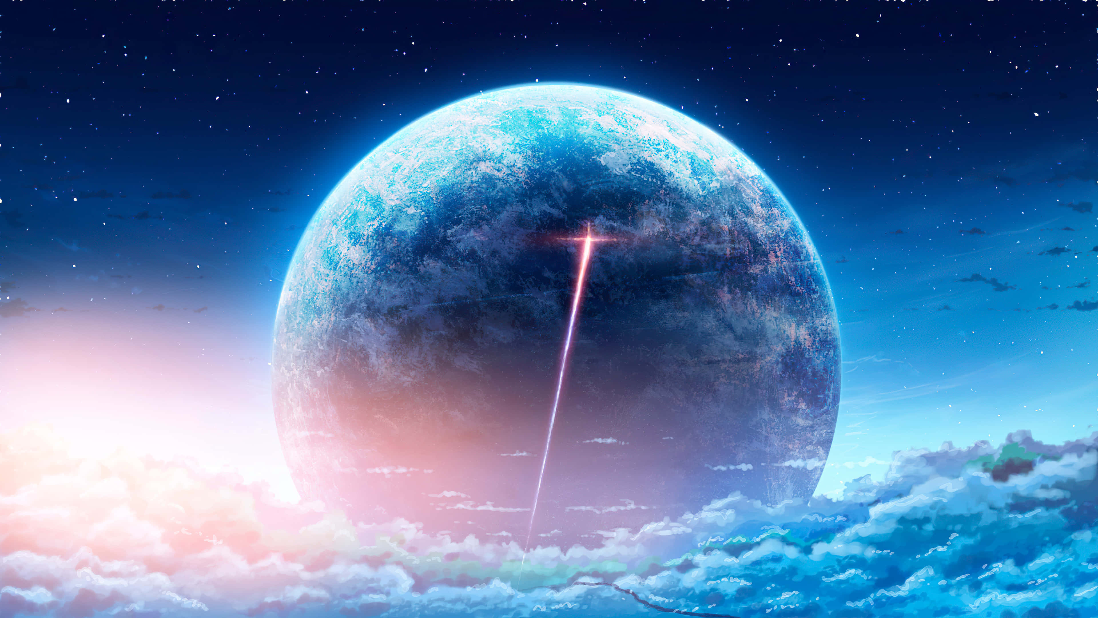 桌布 壁紙 — 一顆發光的藍色行星，在星空下有一道光芒穿透雲層。