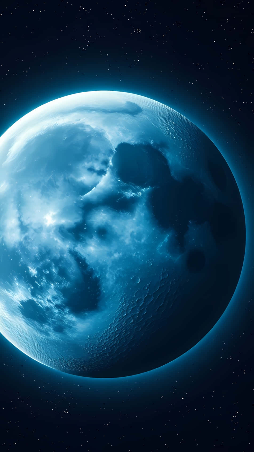 Cinematic Close-up of Blue Moon in Starry Space 壁紙 — 一顆發光的藍色行星，帶有旋轉的雲層和佈滿隕石坑的表面，在繁星點點的宇宙背景下閃耀。