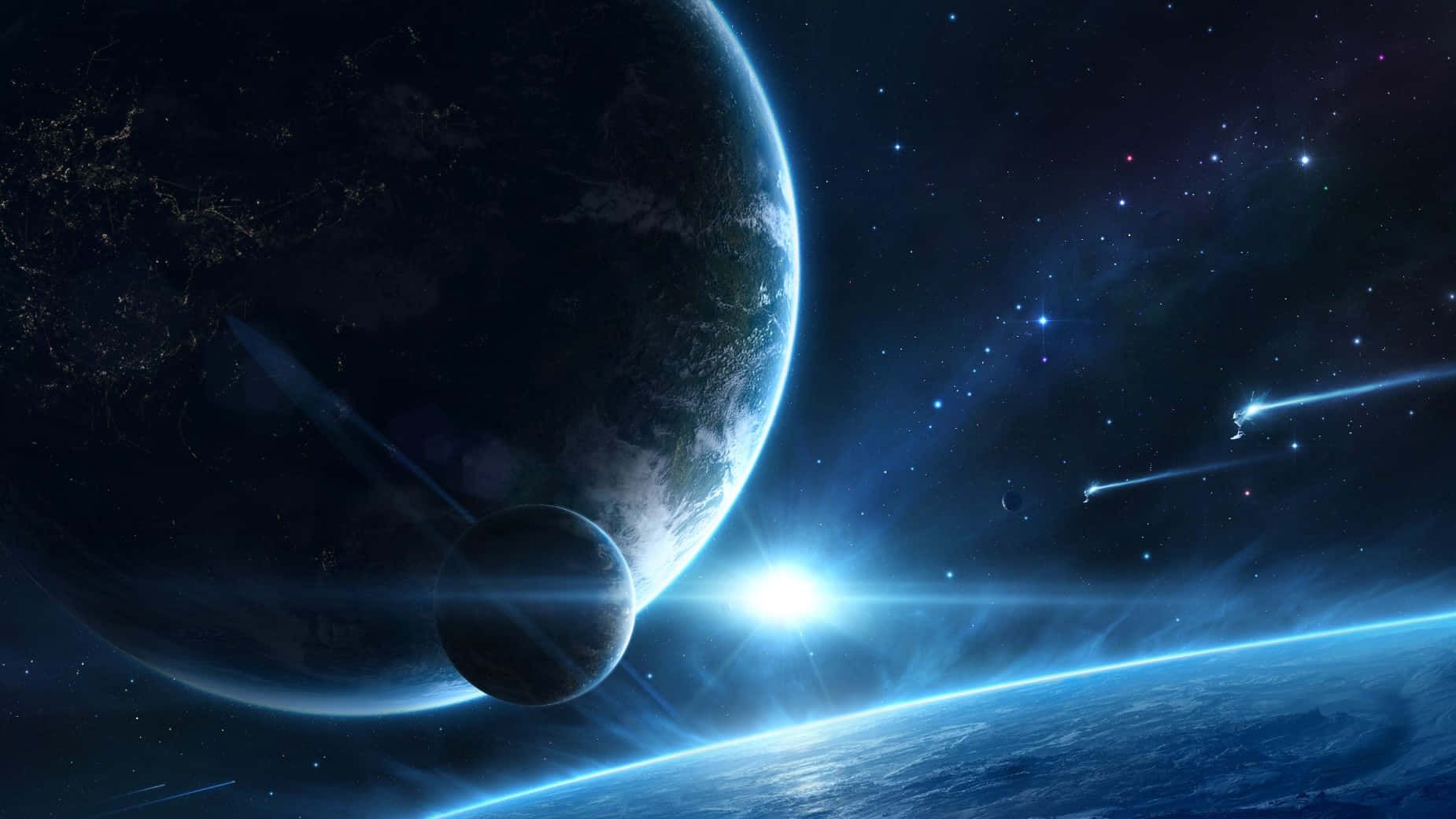 銀河 桌布 壁紙 — 一顆發光的藍色行星，帶有月亮和流星，背景是繁星點點的宇宙。