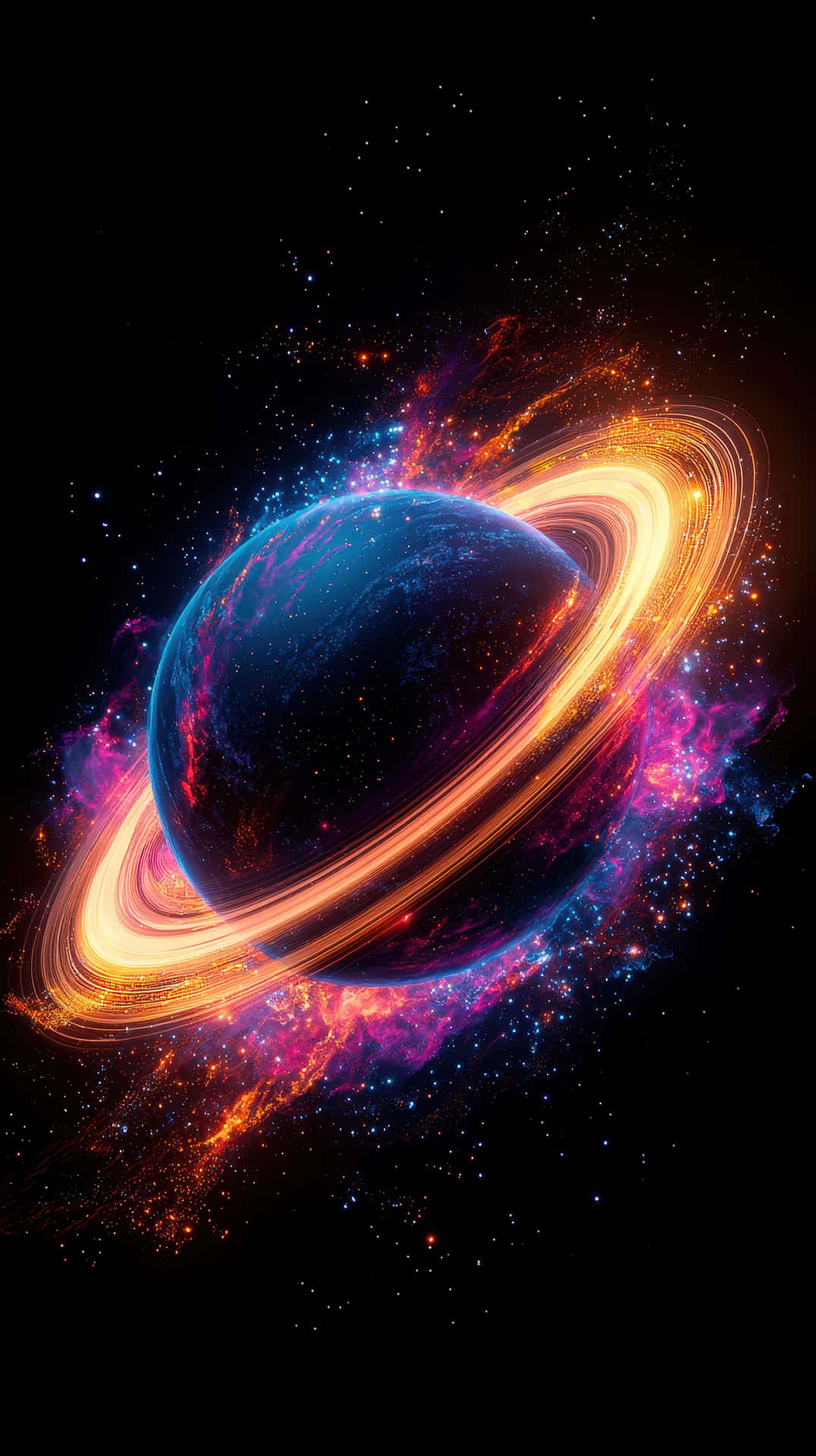 Vividly Colored Alien Planet with Glowing Fiery Rings in Dark Space 壁紙 — 一顆發光的藍色行星，帶有火熱的橙色環，被充滿活力的宇宙星雲環繞，背景是繁星點點的黑色虛空。
