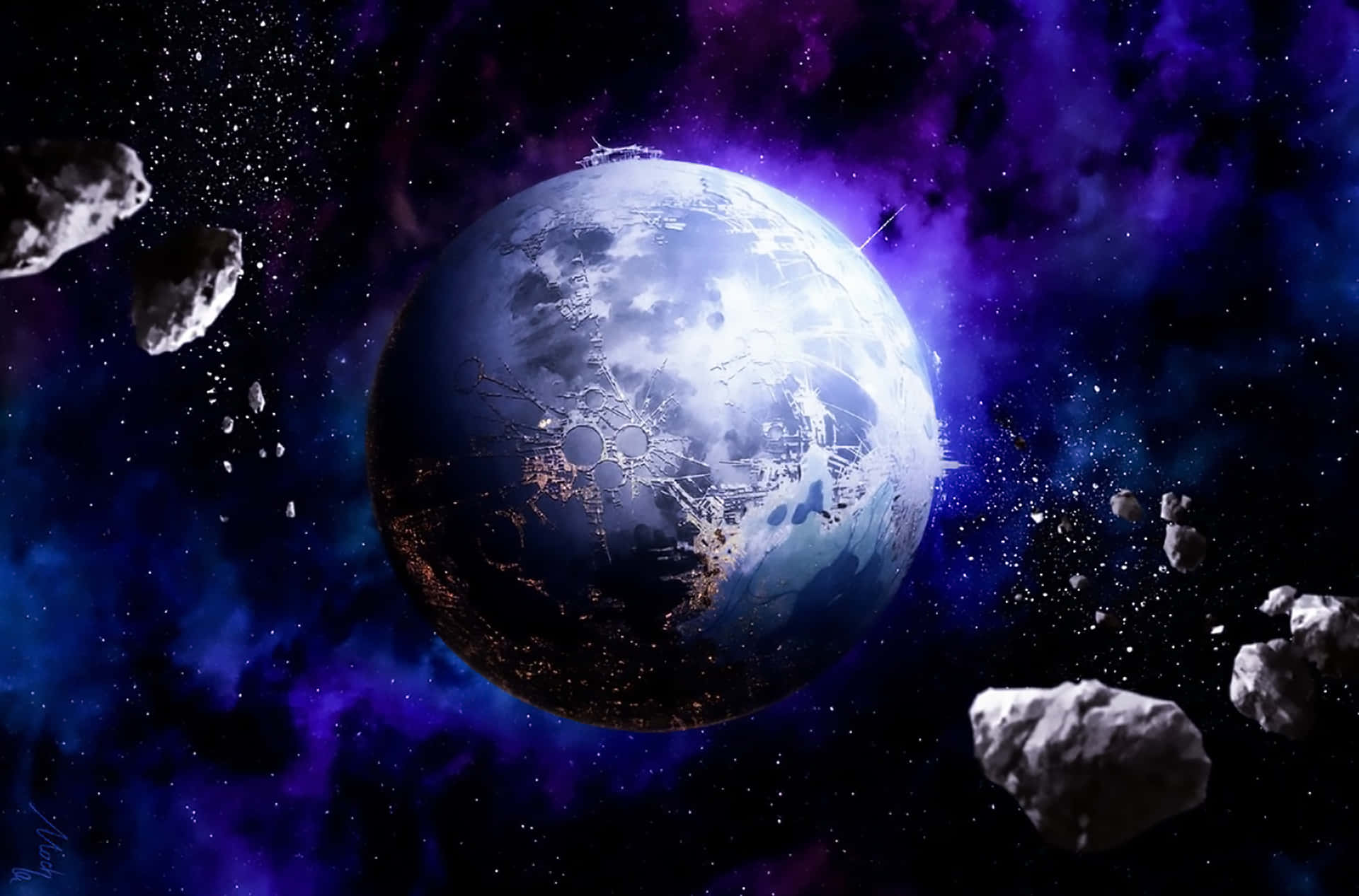 Galaxy Planet 桌布 壁紙 — 一顆發光的藍色行星，帶有發光的城市燈光和破碎的表面，漂浮在紫色星雲和漂浮的小行星之間。