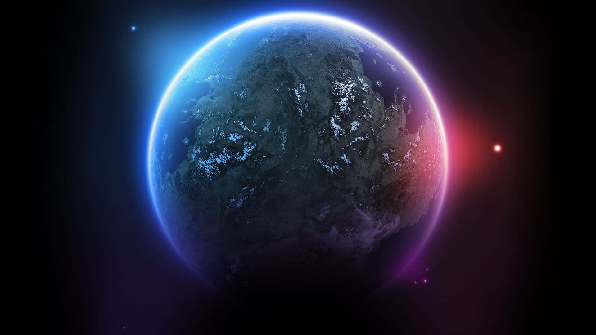 3d Space 桌布 壁紙 — 一顆發光的藍色行星，擁有積雪覆蓋的大陸，以及在一片繁星點點的虛空中散發著充滿活力的紫色和紅色大氣光芒。