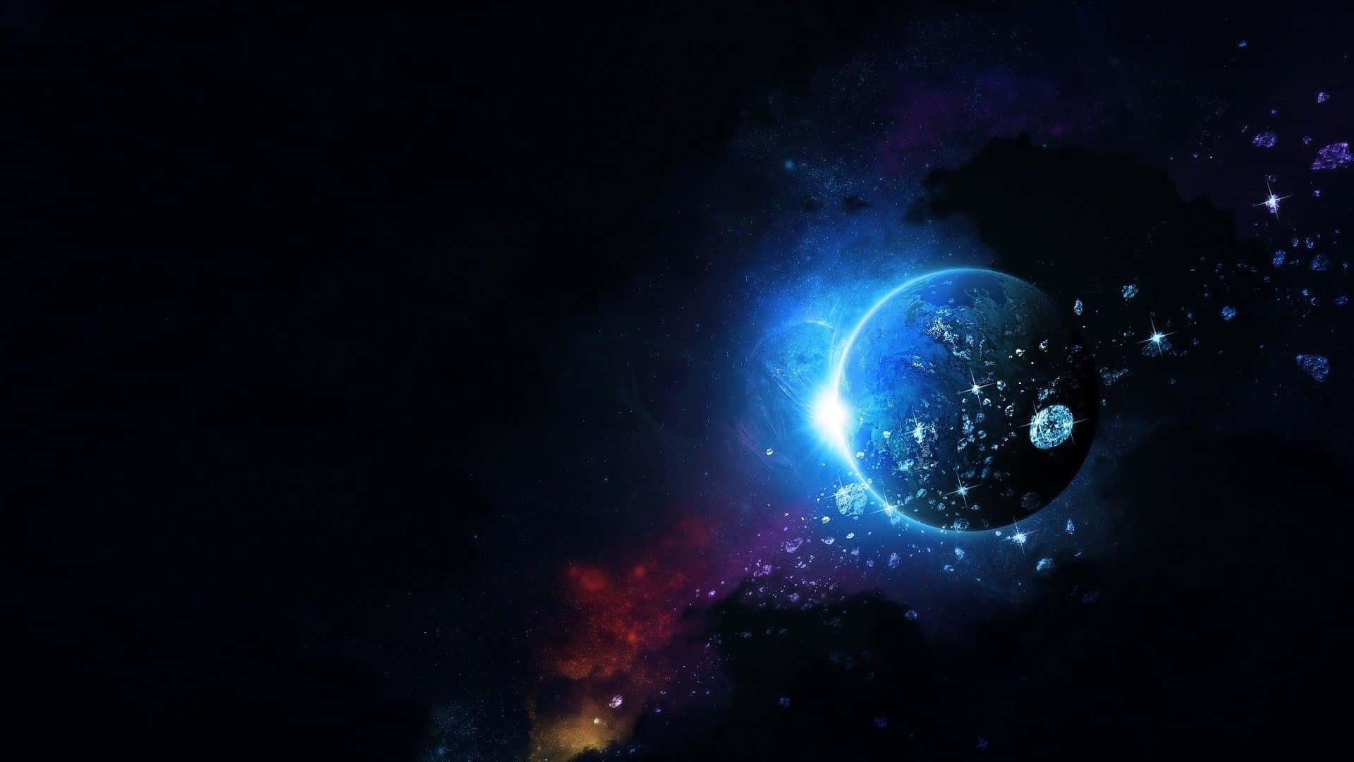 Celestial 桌布 壁紙 — 一顆發光的藍色行星，明亮的彎月陽光照射著充滿星星和彩色星雲的宇宙場景。