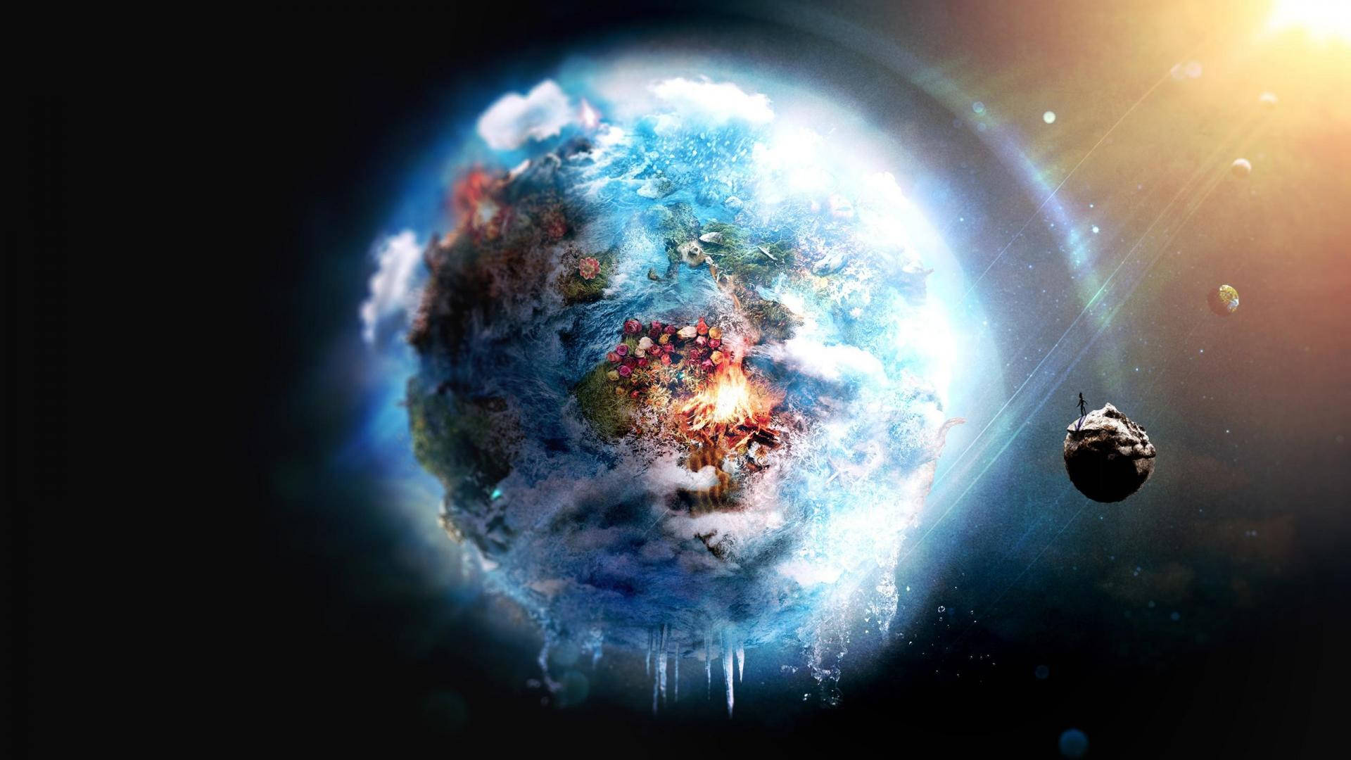 Stars 桌布 壁紙 — 一顆發光的藍色行星，表面有熾熱的噴發和冰冷的滴落，周圍環繞著星星和一顆漂浮的小行星。