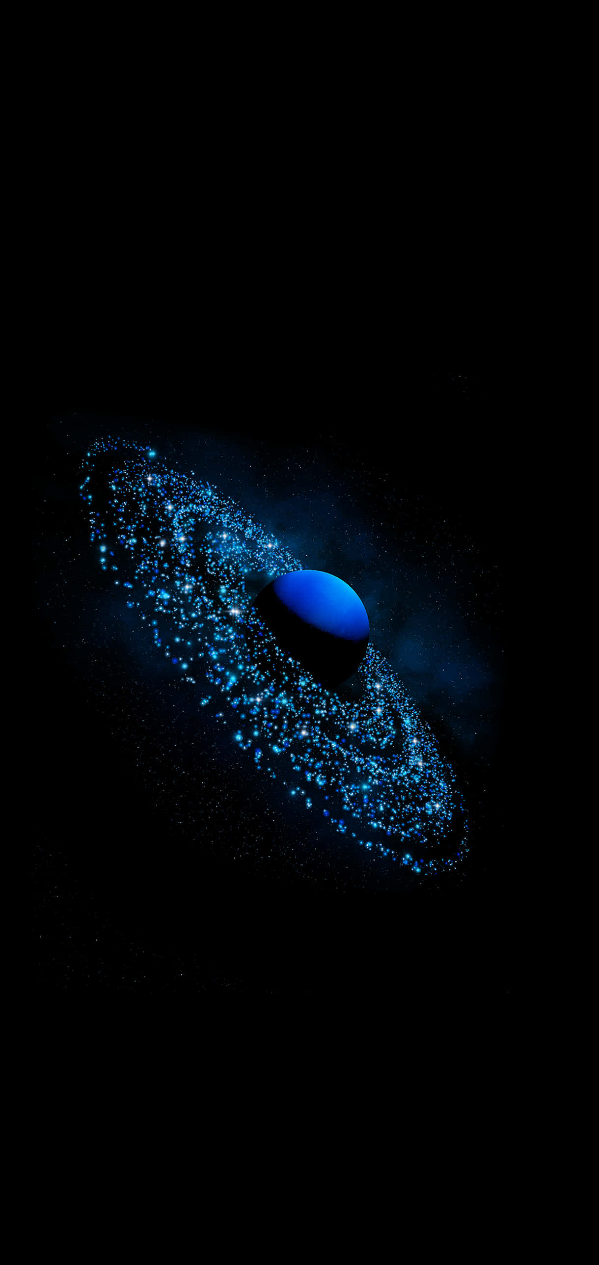 Neptune 桌布 壁紙 — 一顆發光的藍色行星，被一圈旋轉的閃爍宇宙粒子環繞，背景是深邃的黑色虛空。