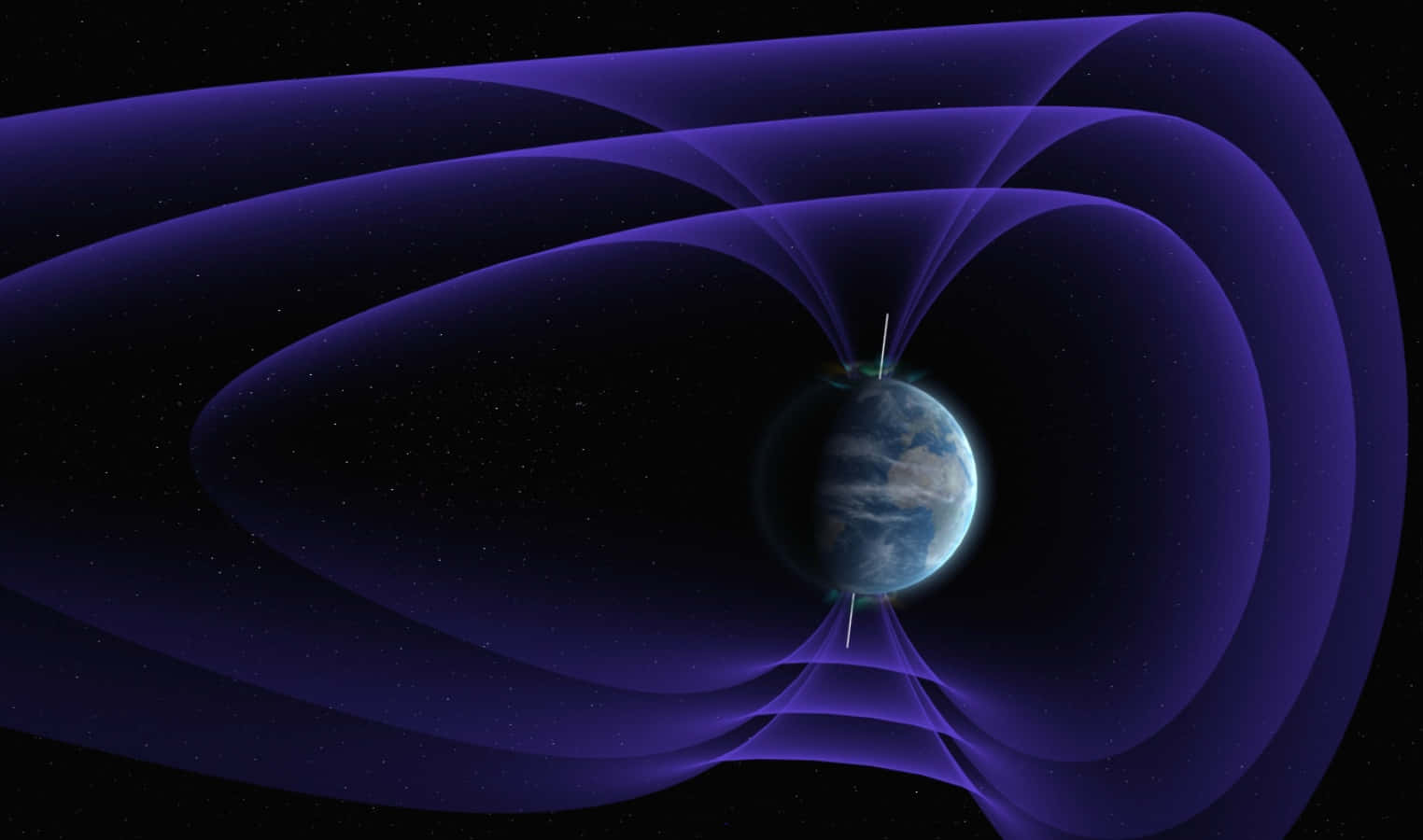 Magnetic Field 桌布 壁紙 — 一顆發光的藍色行星，被動態的紫色磁場線環繞，背景是佈滿星斗的黑色虛空。