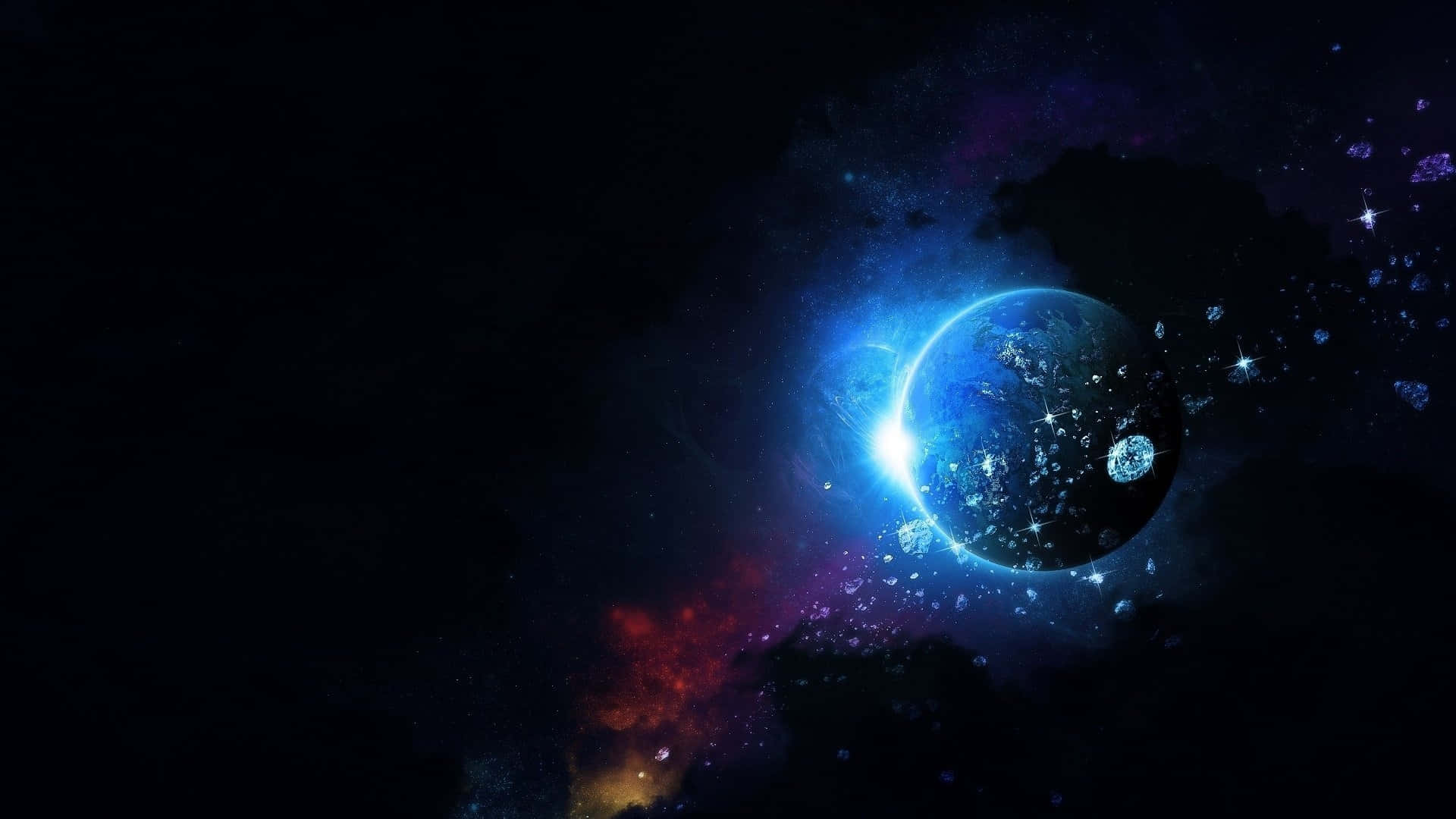 Beautiful Space 桌布 壁紙 — 一顆發光的藍色行星，被宇宙塵埃和恆星環繞，背景是帶有紅色和紫色色調的黑暗星雲。