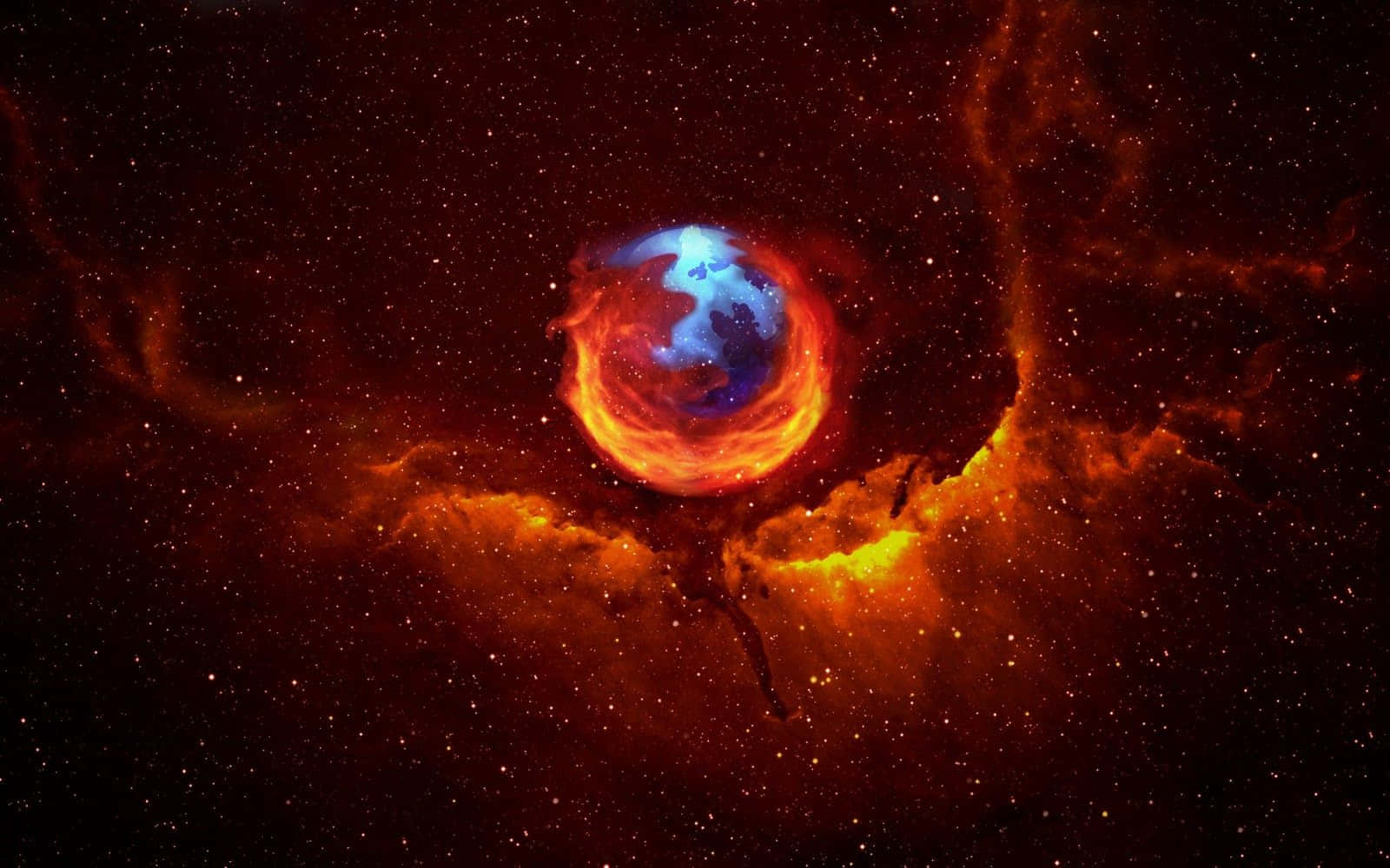 酷炫太空 桌布 壁紙 — 一顆發光的藍色行星，被熾熱的橙色星雲環繞，背景是繁星點點的宇宙。