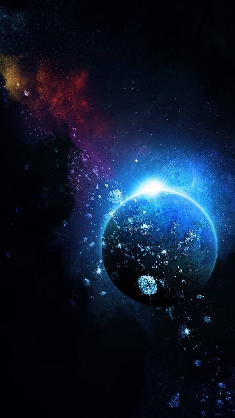 Solid 桌布 壁紙 — 一顆發光的藍色行星，被閃爍的宇宙碎片和充滿活力的星雲包圍在深空中。