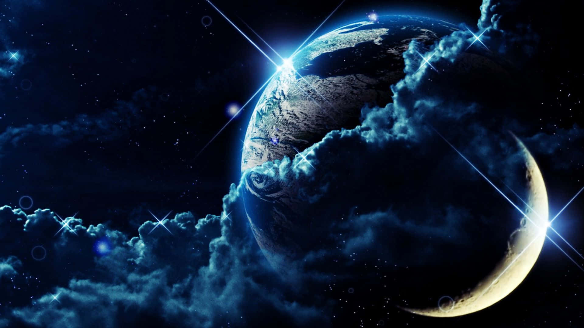 Celestial 桌布 壁紙 — 一顆發光的藍色行星，部分被旋轉的雲層遮蔽，在星光燦爛的宇宙天空下，帶有明亮的鏡頭光暈。