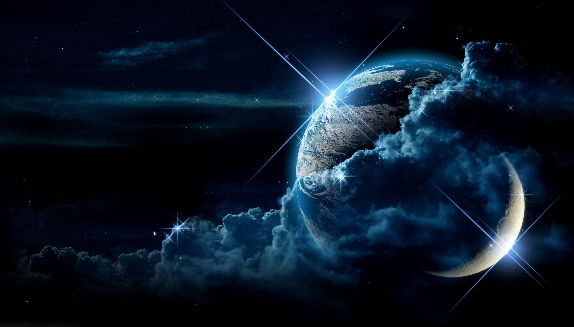 行星動畫 桌布 壁紙 — 一顆發光的藍色行星和彎月，被宇宙雲和星爆包圍在深空中。