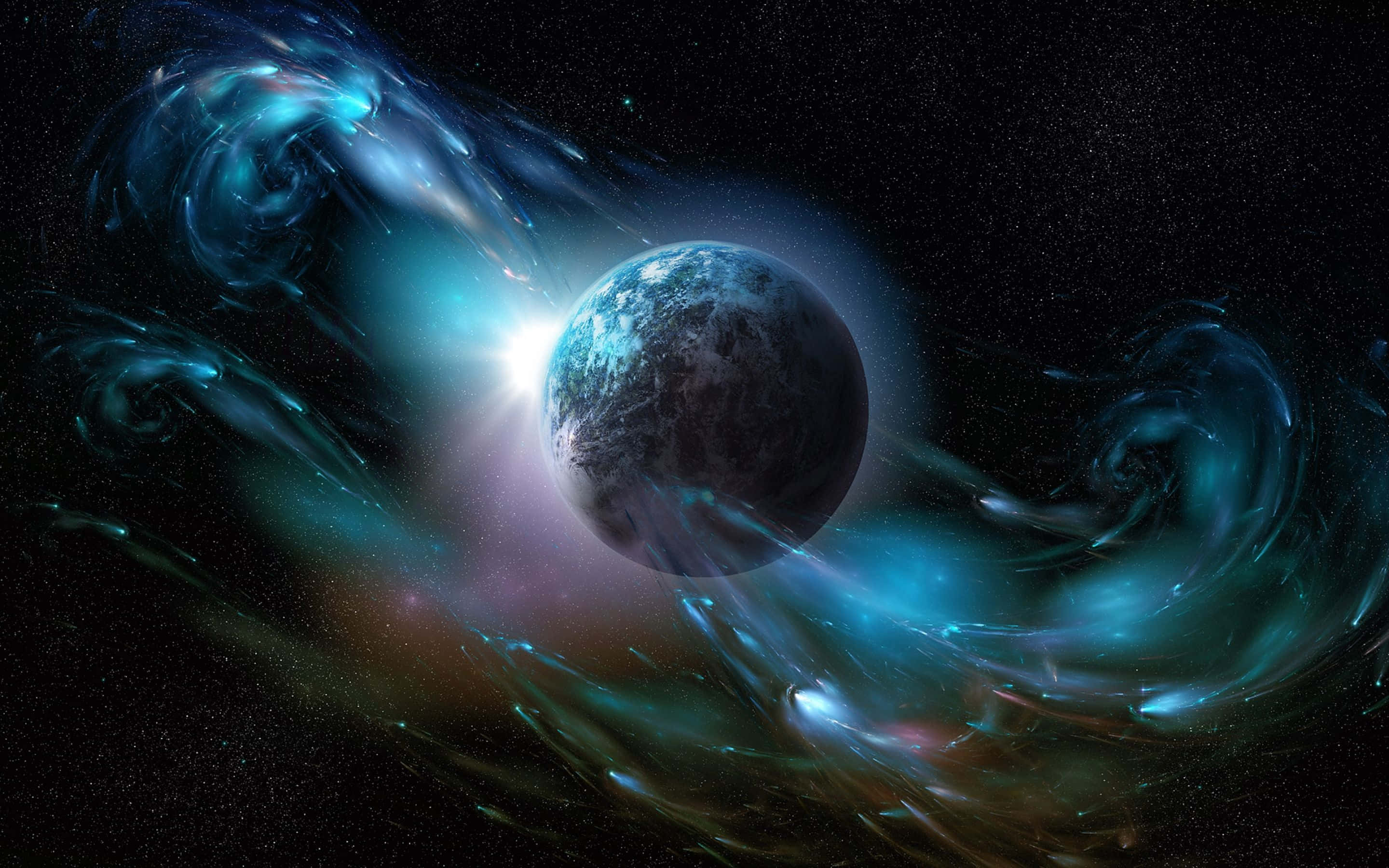 Beautiful Space 桌布 壁紙 — 一顆發光的藍色行星圍繞著一顆光芒四射的恆星運行，周圍環繞著深空中旋轉的宇宙星雲。