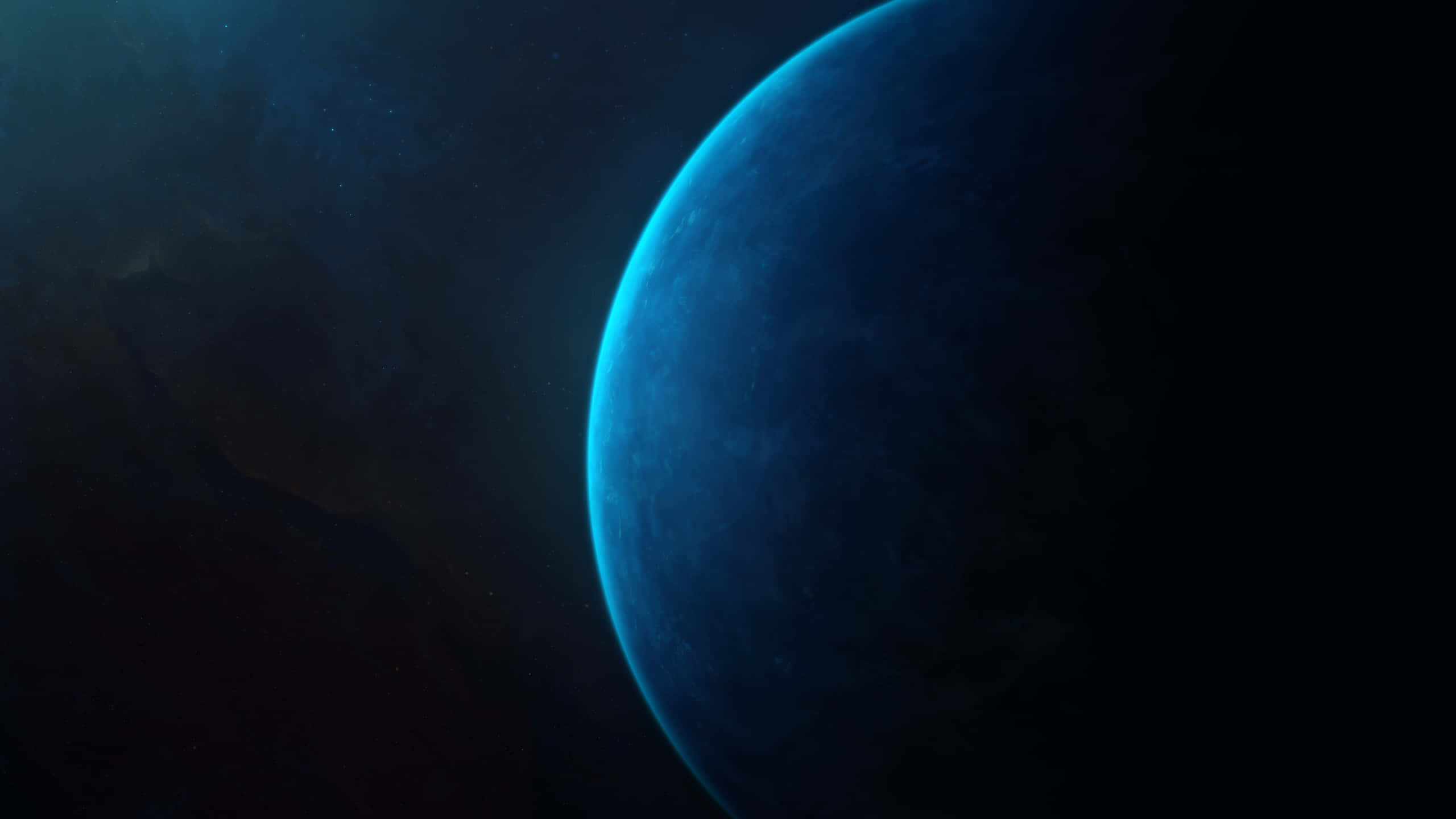 深藍色美學動圖 桌布 壁紙 — 一顆發光的藍色行星在佈滿星星的宇宙虛空中彎曲，帶有深邃陰影和微妙的大氣薄霧。