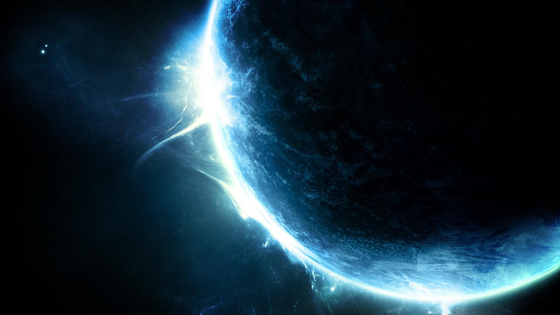 平板電腦 桌布 壁紙 — 一顆發光的藍色行星在太空的黑色虛空中彎曲，其邊緣有輻射光線劃過。