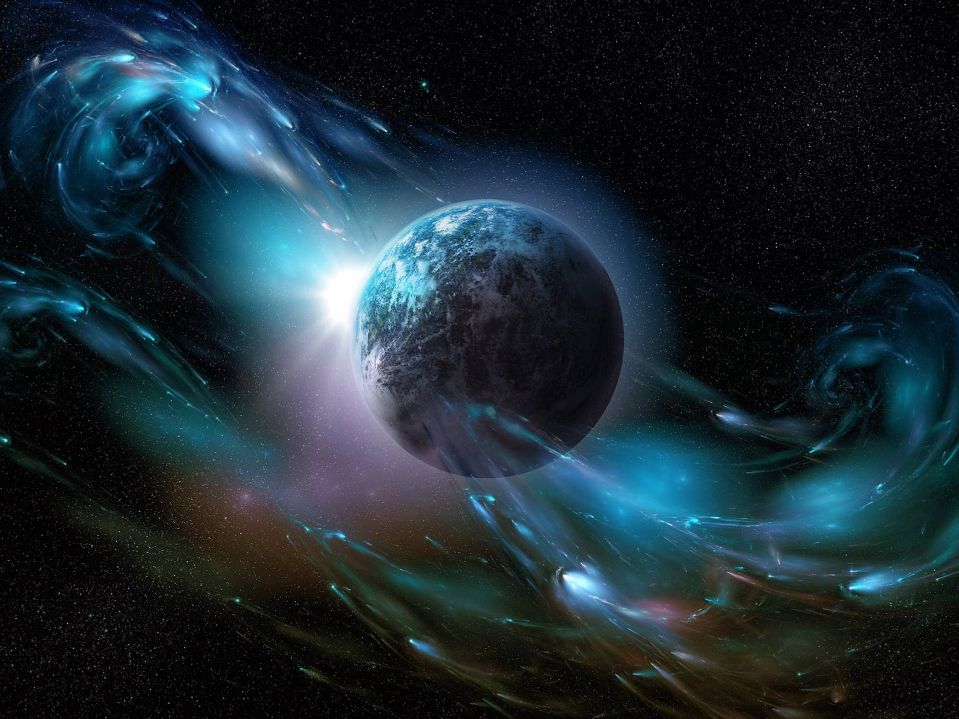 一顆被發光宇宙星雲和恆星包圍的藍色行星，位於深空。