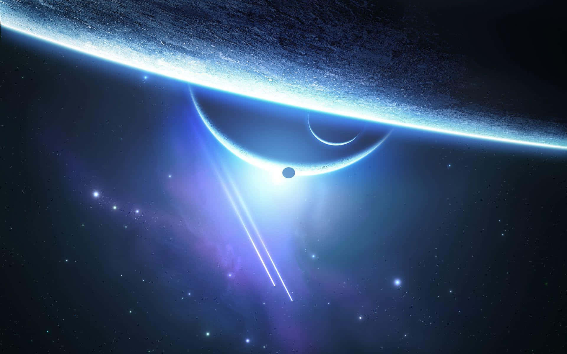 Celestial 桌布 壁紙 — 一顆發光的藍色行星在星空中彎曲，有兩個衛星和劃過的光束，處於深空之中。