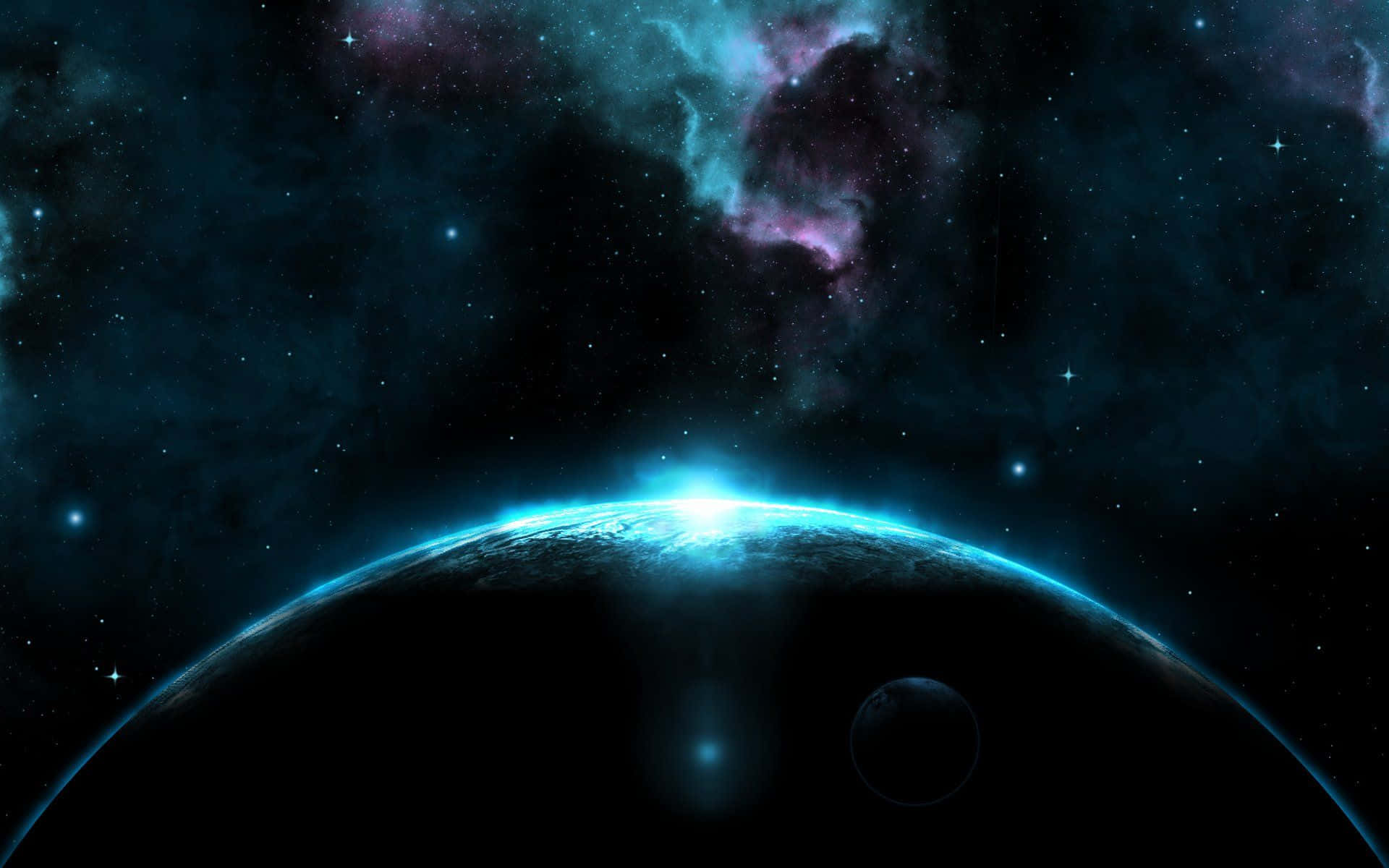 Dark Space 桌布 壁紙 — 一顆發光的藍色行星在繁星點點的宇宙背景下彎曲，帶有充滿活力的紫色和藍綠色星雲。