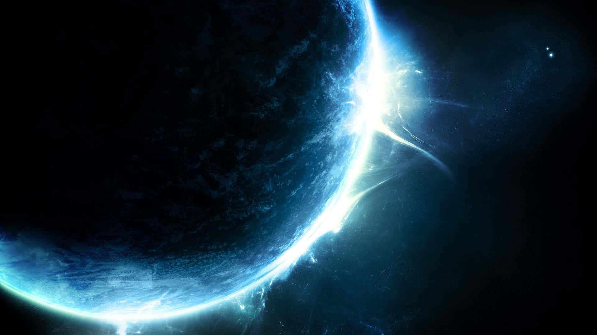 Blue Planet 桌布 壁紙 — 一顆發光的藍色行星在黑暗的宇宙中彎曲，光芒四射的光線劃過其地平線。