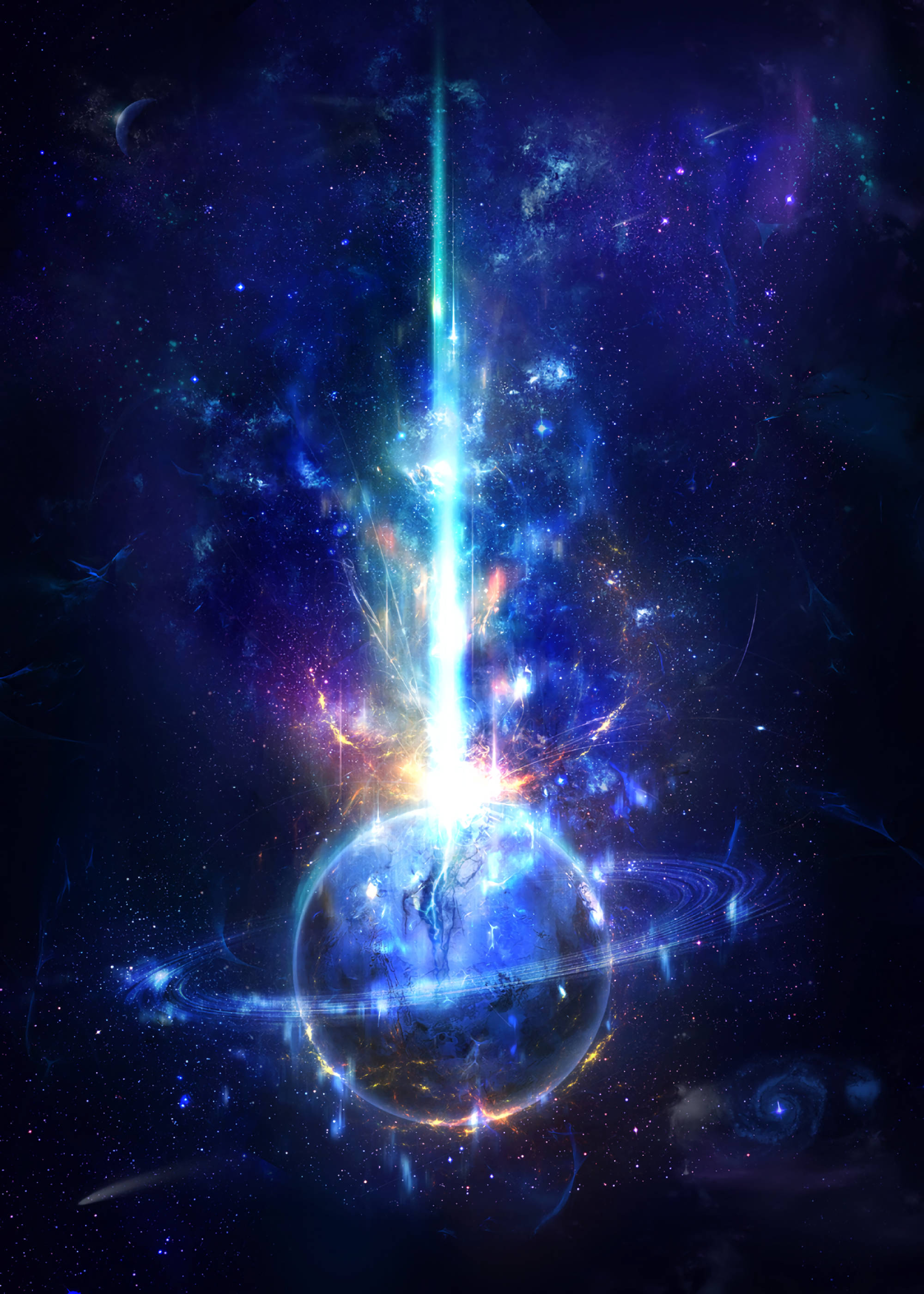 土星 桌布 壁紙 — 一顆發光的藍色行星帶有光環，在充滿恆星和星系的宇宙星雲中被一道耀眼的光束擊中。