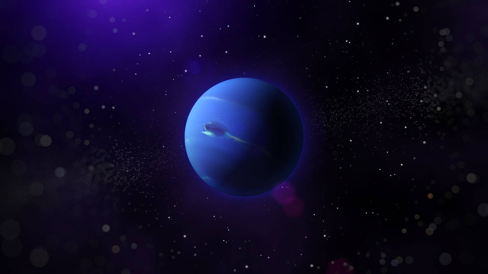 太陽系 桌布 壁紙 — 一顆發光的藍色行星帶有光環，漂浮在佈滿星星的紫色星雲中，伴有鏡頭光暈和宇宙塵埃。