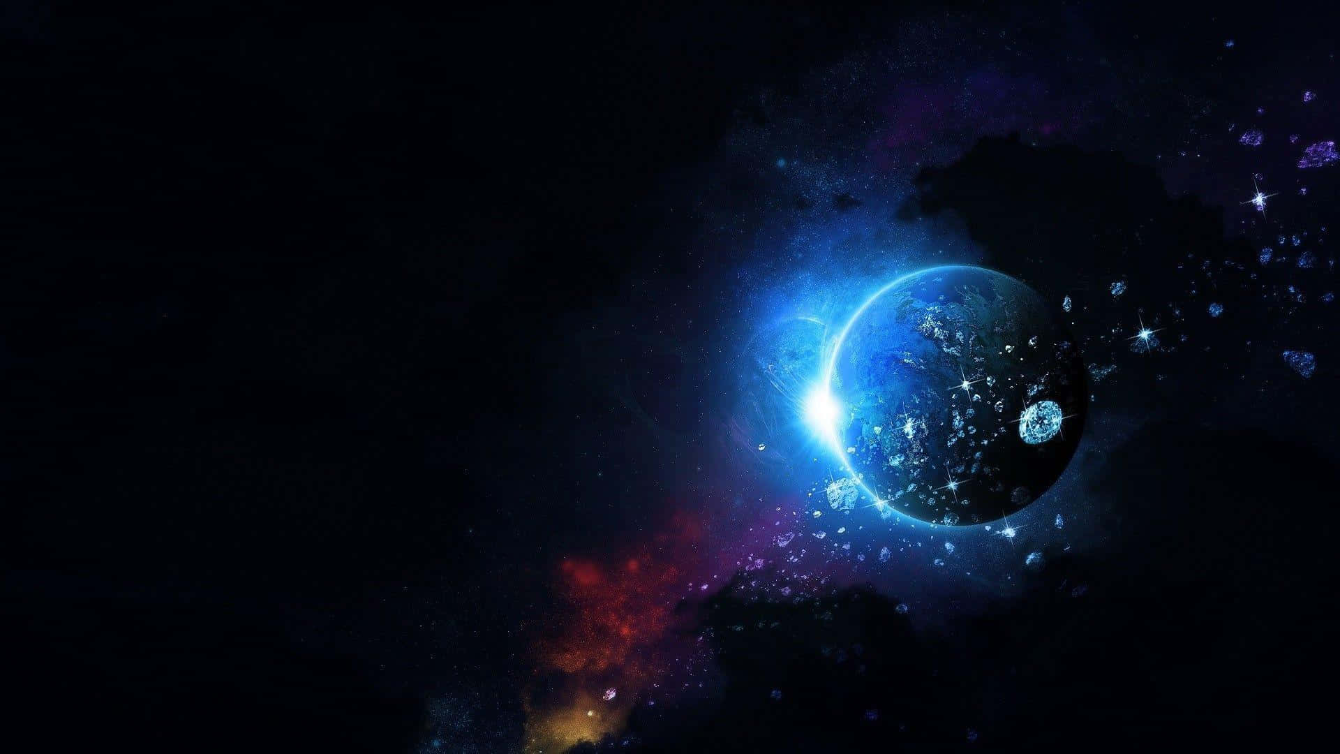 Celestial 桌布 壁紙 — 一顆發光的藍色行星帶有城市燈光，在充滿恆星和彩色星雲的宇宙虛空中運行。