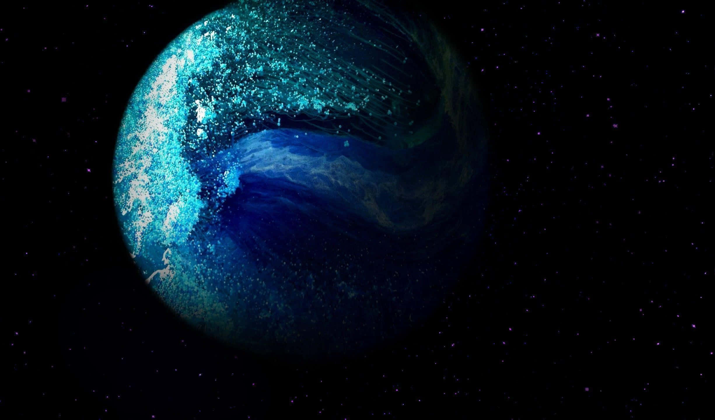 Neptune 桌布 壁紙 — 一顆發光的藍色行星帶有旋轉的宇宙圖案，在繁星點點的黑色虛空中寧靜地漂浮。
