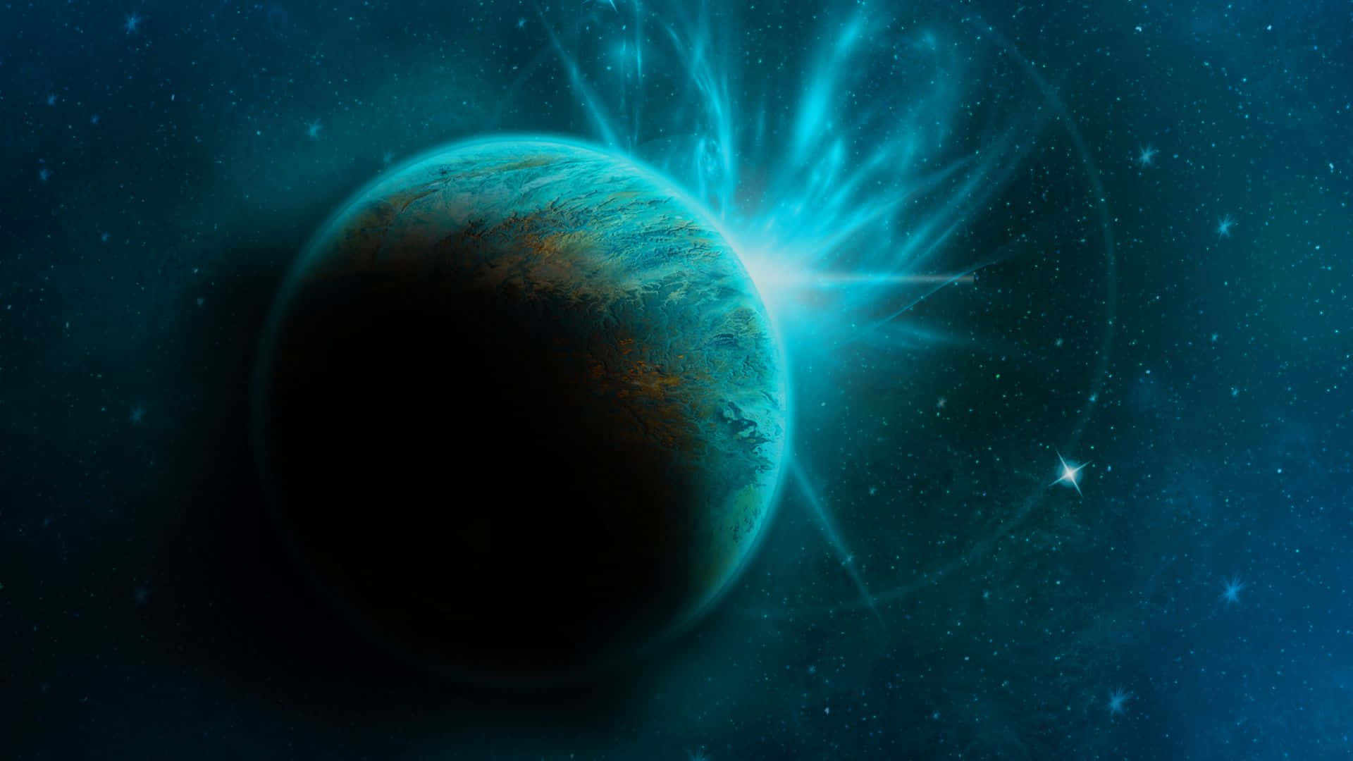 行星動畫 桌布 壁紙 — 一顆發光的藍色行星帶有旋轉的極光，在繁星點點的宇宙背景下散發光芒。