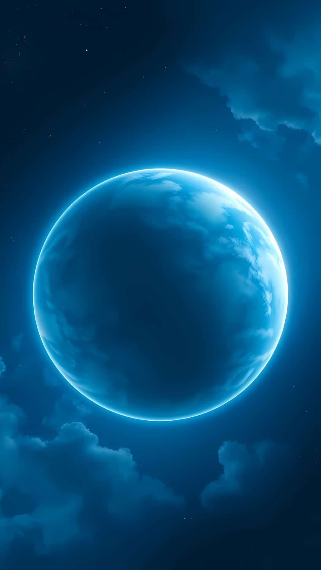 Glowing Blue Planet Earth in Space 壁紙 — 一顆發光的藍色行星帶有旋轉的雲層，在繁星點點的夜空背景下寧靜地漂浮，周圍環繞著烏雲。