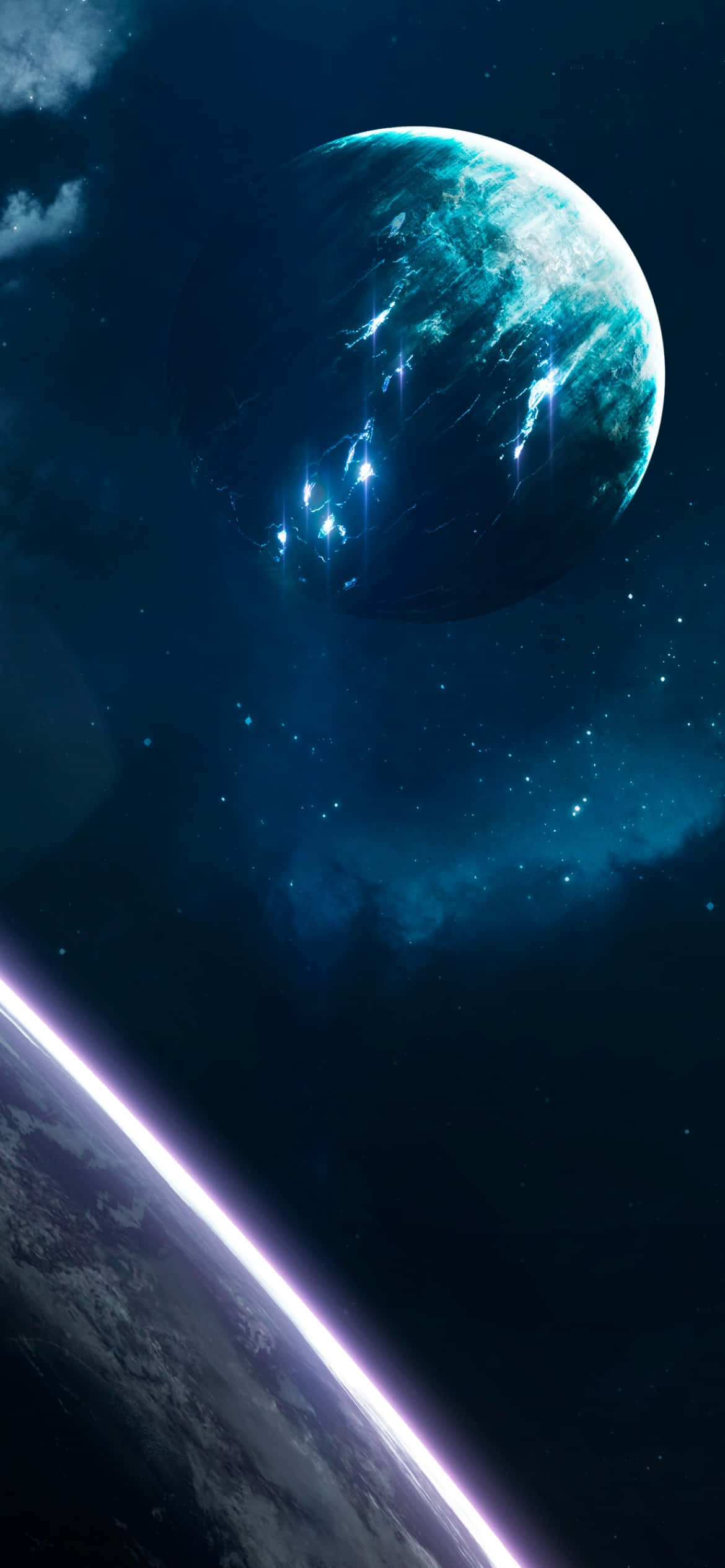 桌布 壁紙 — 一顆發光的藍色行星帶有明亮能量光束，漂浮在彎曲地球地平線之上的深空。