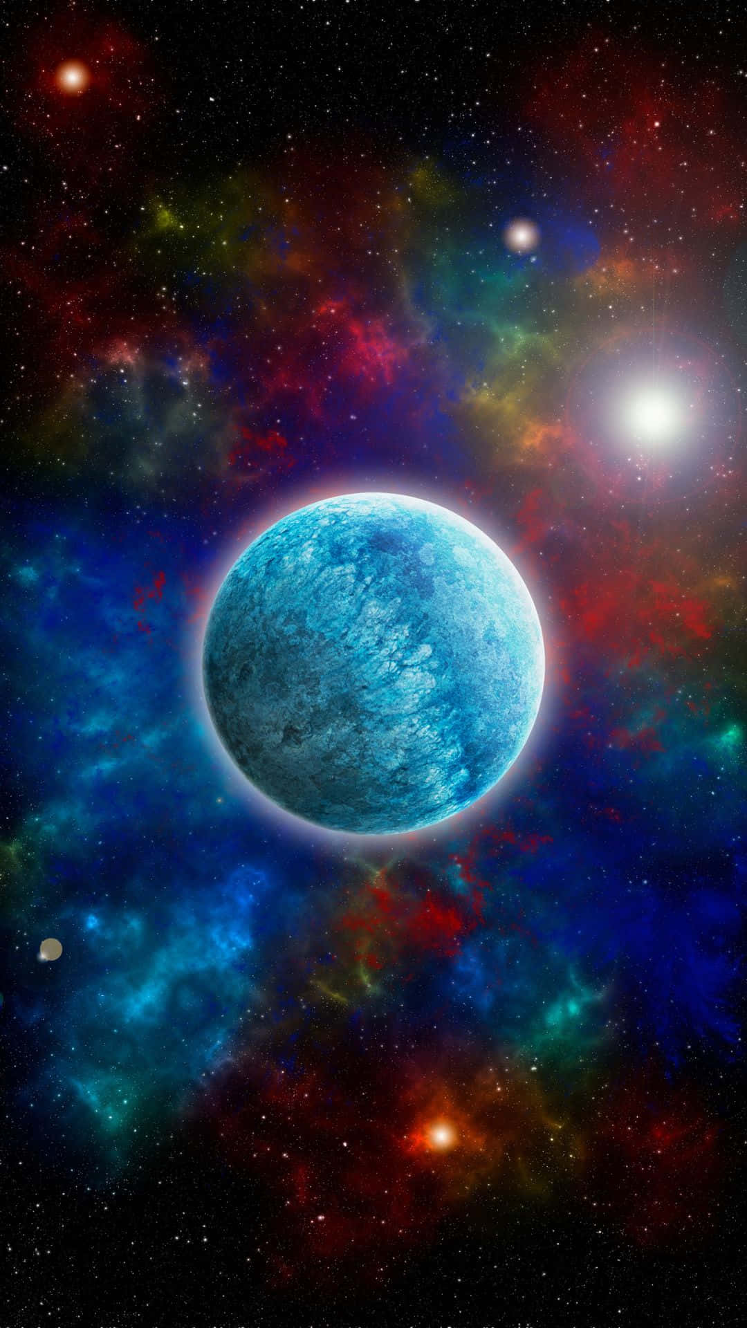 行星動畫 桌布 壁紙 — 一顆發光的藍色行星漂浮在充滿活力的宇宙星雲中，周圍環繞著旋轉的紅色、綠色和星星。