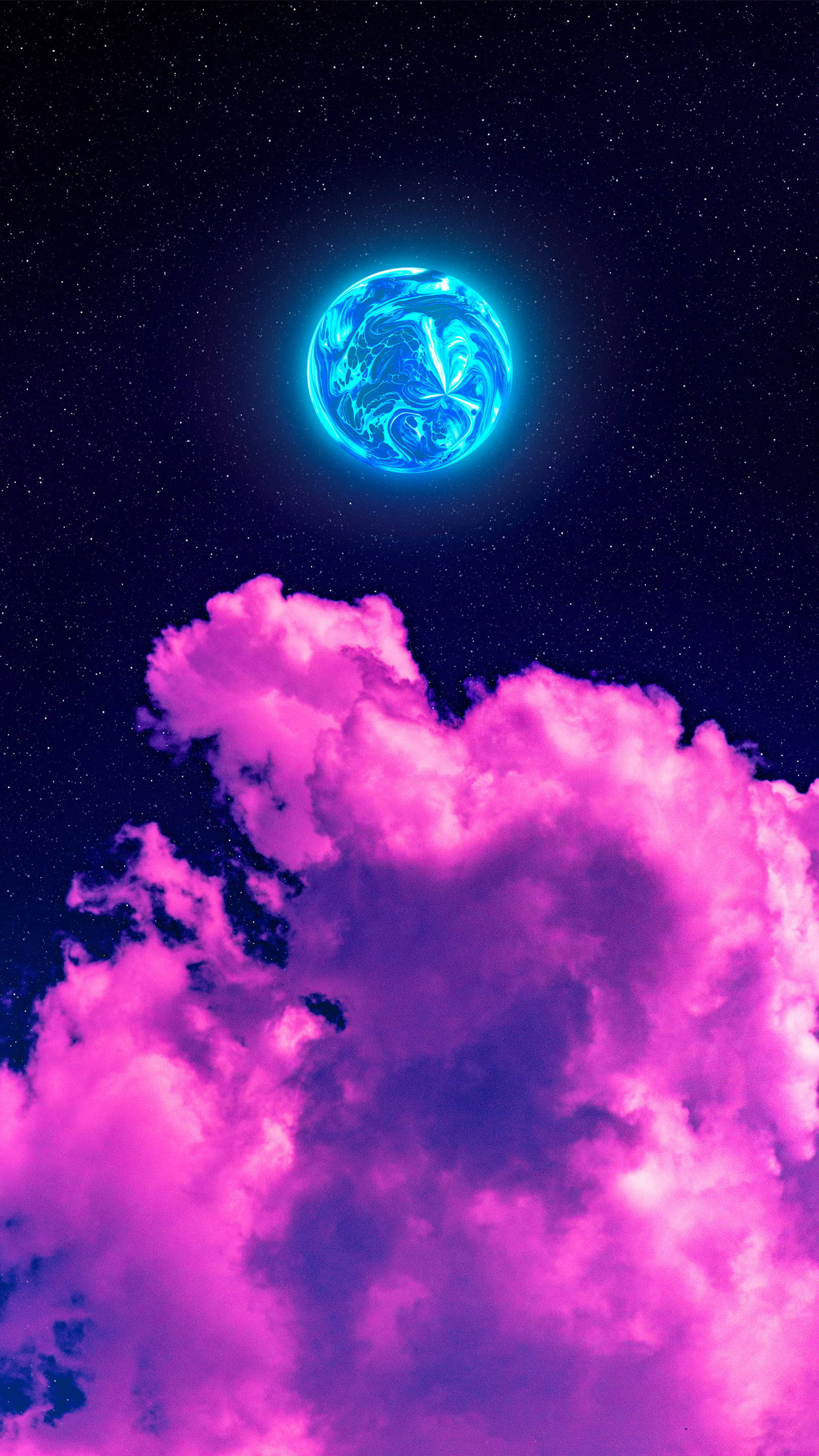 雲朵 桌布 壁紙 — 一顆發光的藍色行星漂浮在充滿活力的粉紅色雲層之上，背景是繁星點點的夜空。