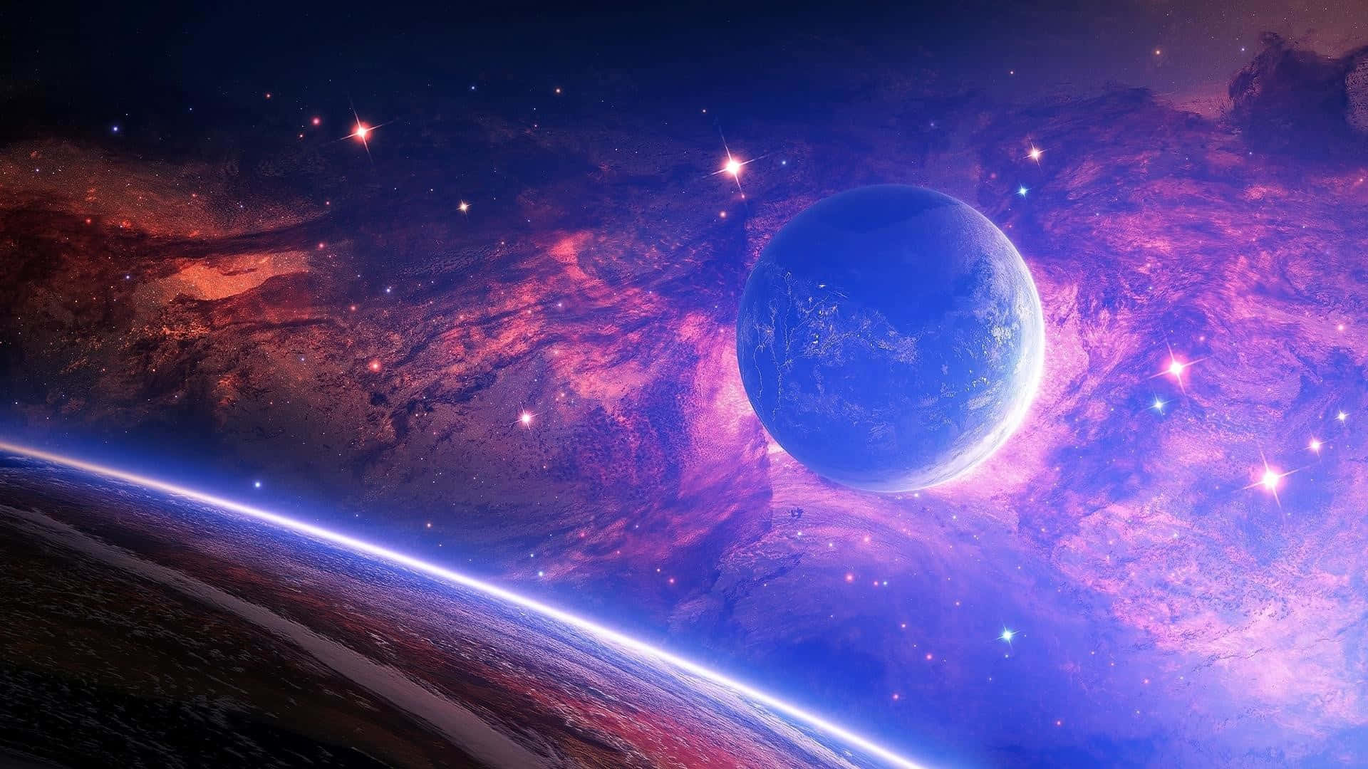 Space Desktop 桌布 壁紙 — 一顆發光的藍色行星漂浮在充滿紫色、紅色和星光的生動宇宙星雲中。