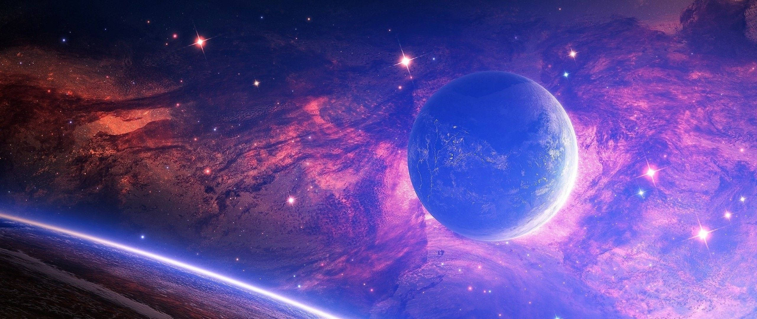 行星動畫 桌布 壁紙 — 一顆發光的藍色行星漂浮在旋轉的宇宙雲和閃爍的星星之間，處於充滿活力的紫色和紅色星雲中。