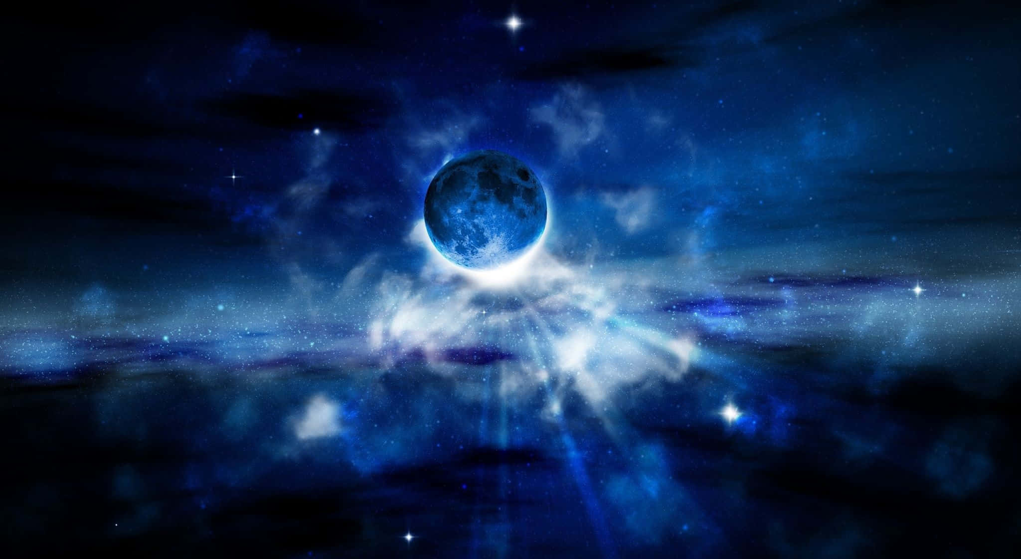 Pretty Moon 桌布 壁紙 — 一顆發光的藍色行星漂浮在旋轉的宇宙雲和閃爍的星星之間，呈現出深邃的太空景觀。