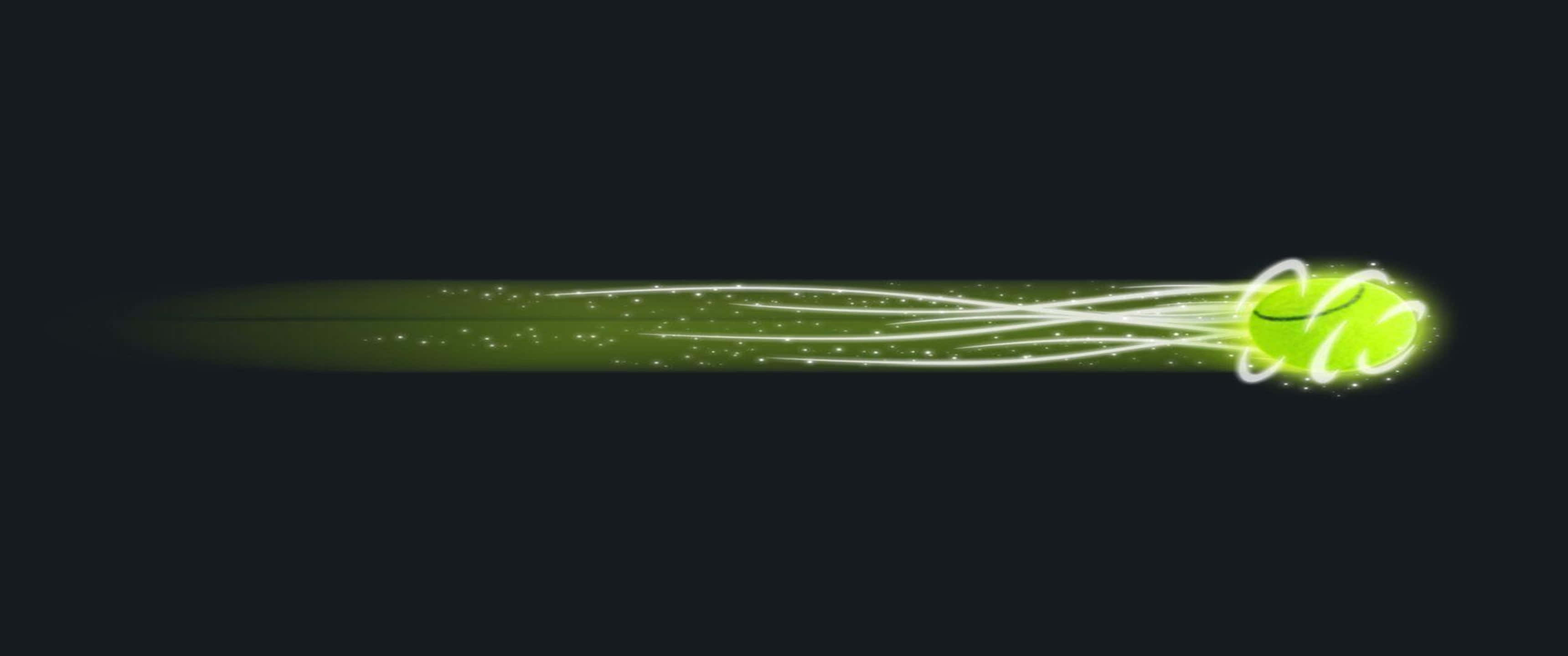 3440x1440p Tennis 桌布 壁紙 — 一顆發光的螢光綠色網球劃過黑色虛空，留下一條閃爍的光跡。