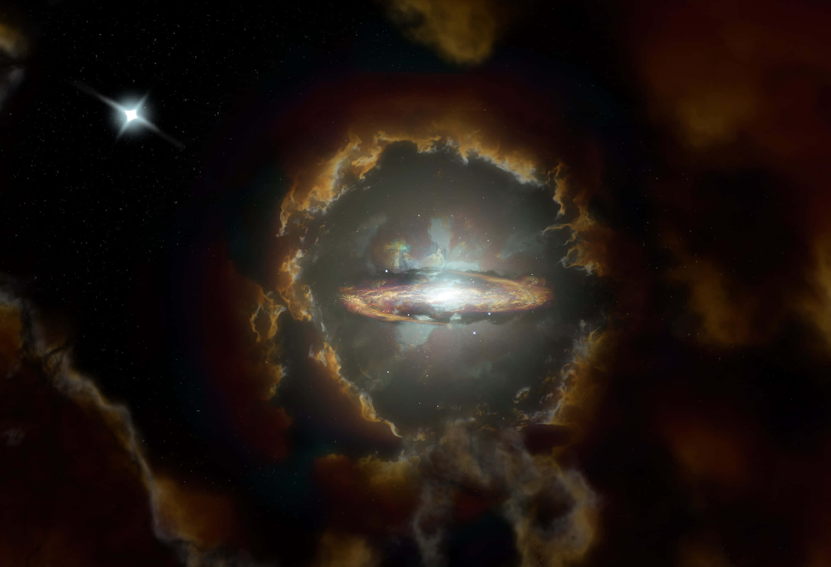 Elliptical Galaxy 桌布 壁紙 — 一顆發光的螺旋星系，鑲嵌在旋轉的琥珀色和黑色宇宙雲中，下方是繁星點點的虛空。