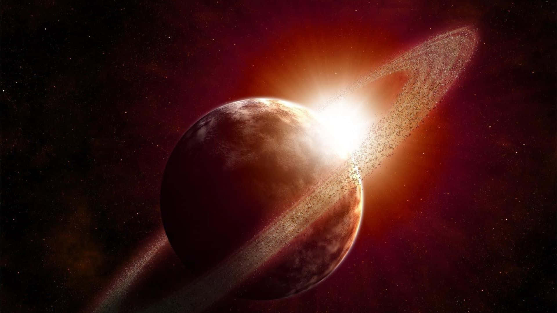 土星 桌布 壁紙 — 一顆發光的行星，帶有塵埃環系統，沐浴在輻射光中，背景是繁星點點的宇宙。