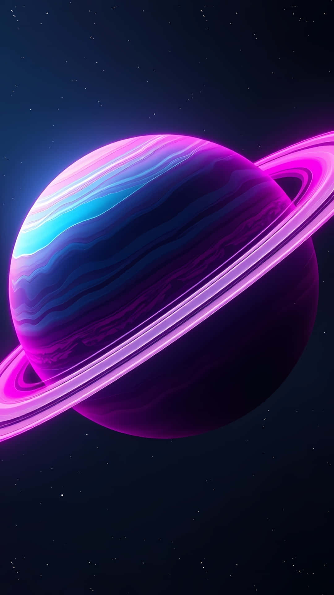 Aesthetic Neon Purple Saturn Planet in Space 壁紙 — 一顆發光的行星，帶有旋轉的紫色和藍色雲層以及明亮的粉紅色環，漂浮在星光閃爍的黑暗太空中。