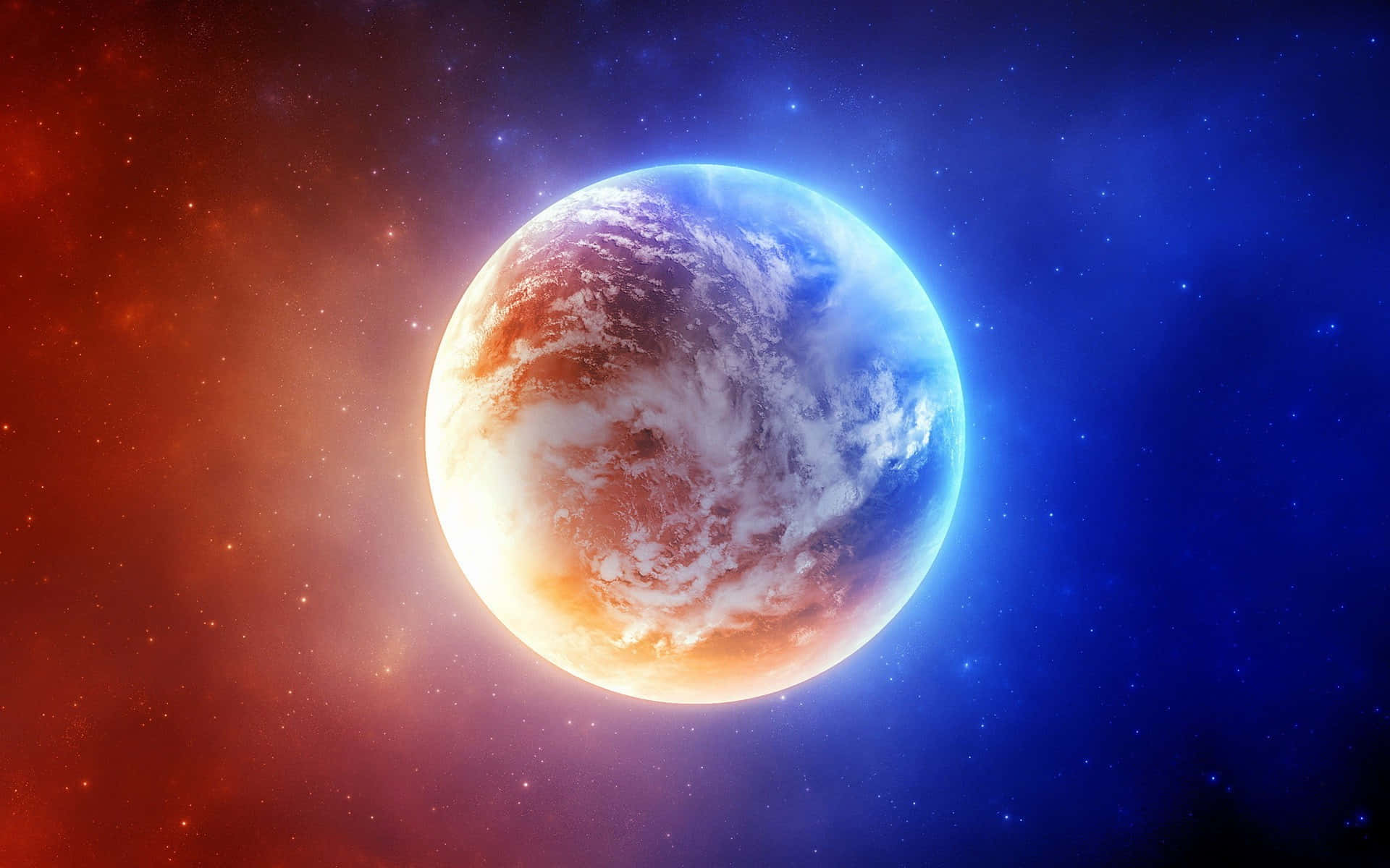 行星動畫 桌布 壁紙 — 一顆發光的行星，帶有旋轉的雲層和藍色海洋，漂浮在一個被火紅和深藍色星雲分割的星空宇宙中。