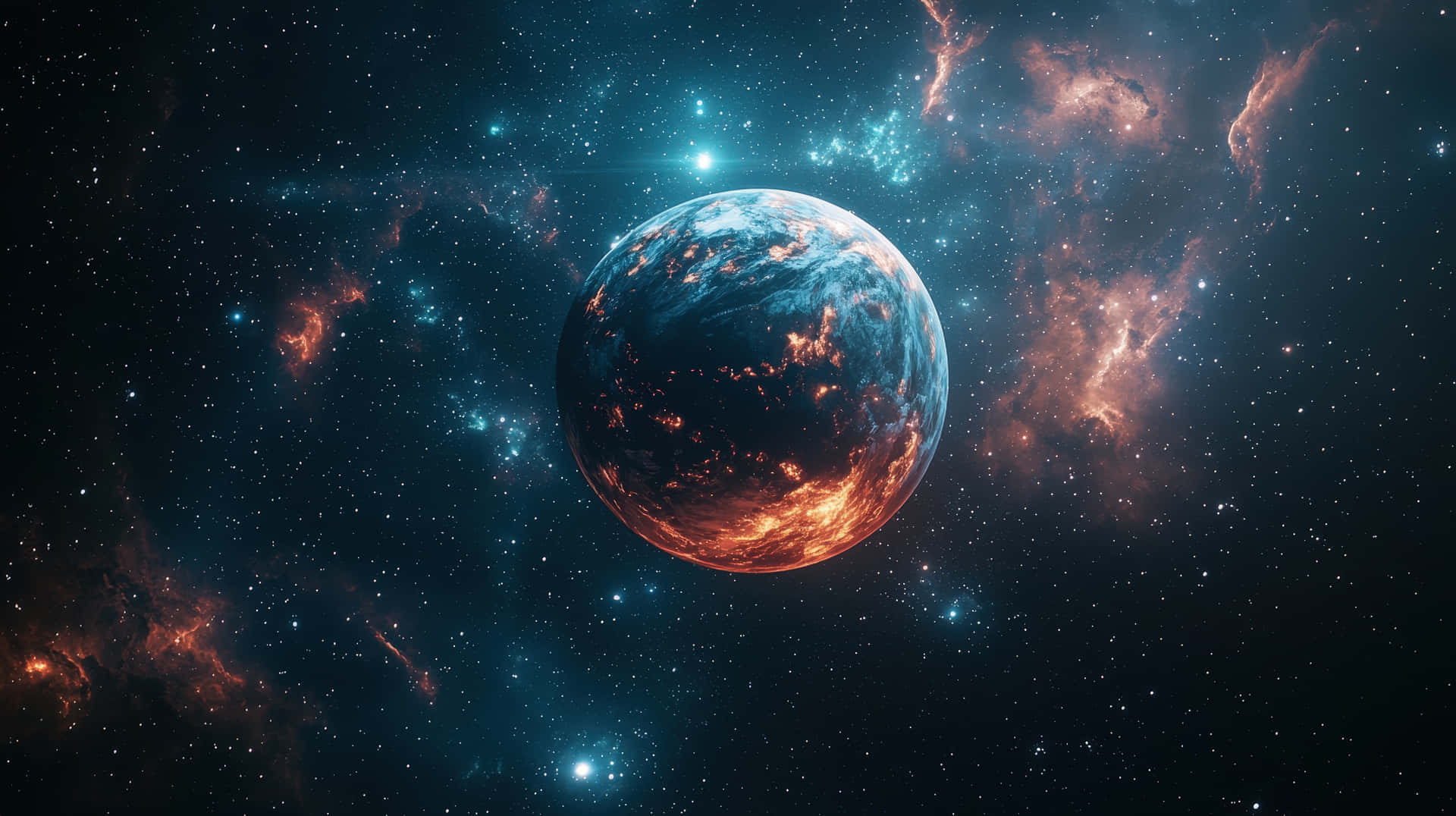 Fiery Exoplanet with a Glowing Atmosphere in Deep Space 壁紙 — 一顆發光的行星，帶有熾熱的橙色大陸和旋轉的藍色海洋，漂浮在星場和發光的星雲之中。