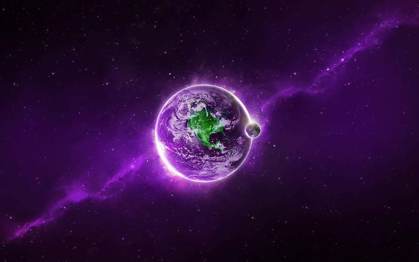 銀河 桌布 壁紙 — 一顆發光的行星，帶有綠色大陸，漂浮在充滿星星的充滿活力的紫色星雲中。
