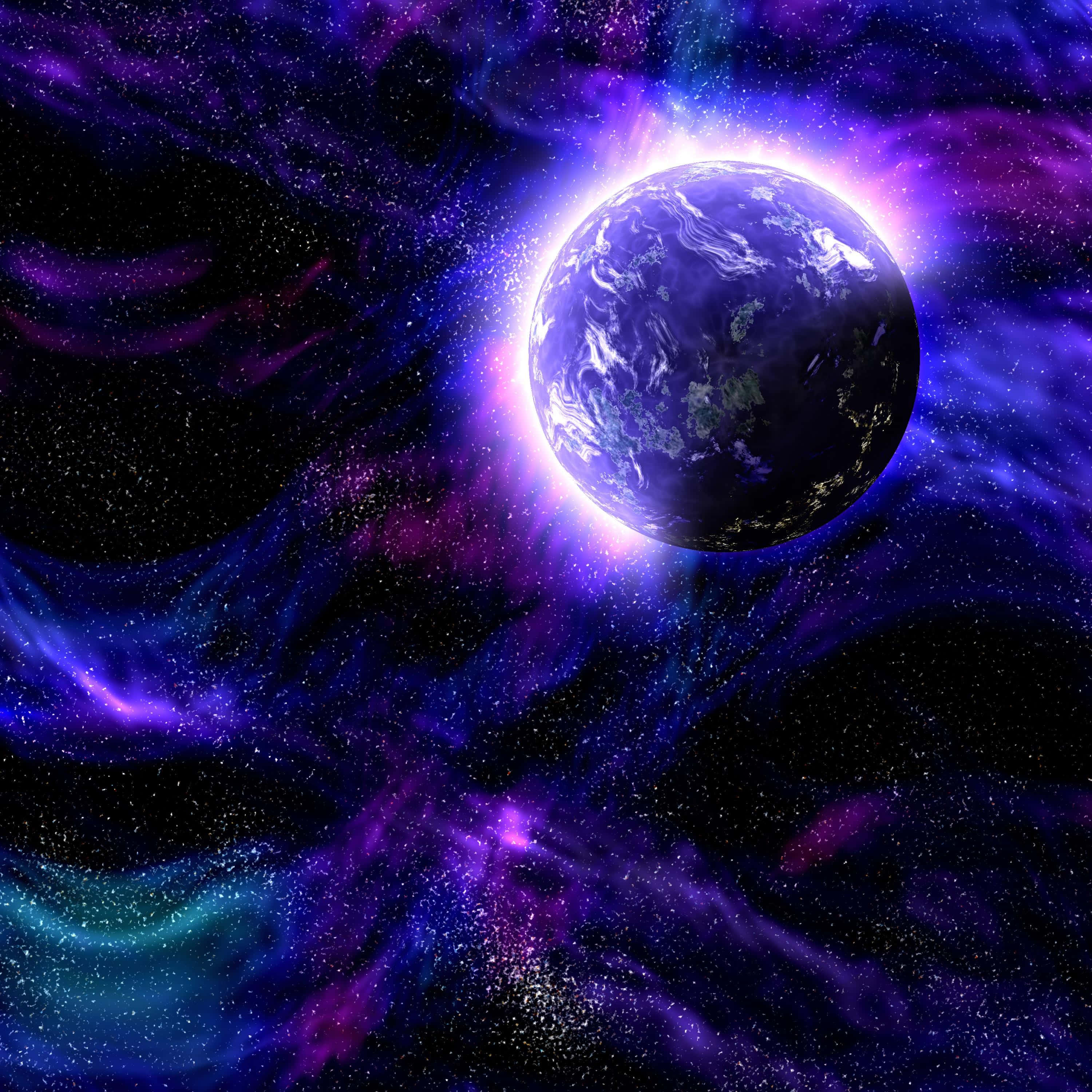 2560x1440 動態圖片 桌布 壁紙 — 一顆發光的行星，被充滿活力的紫色和藍色宇宙星雲以及深空中閃爍的星星環繞。