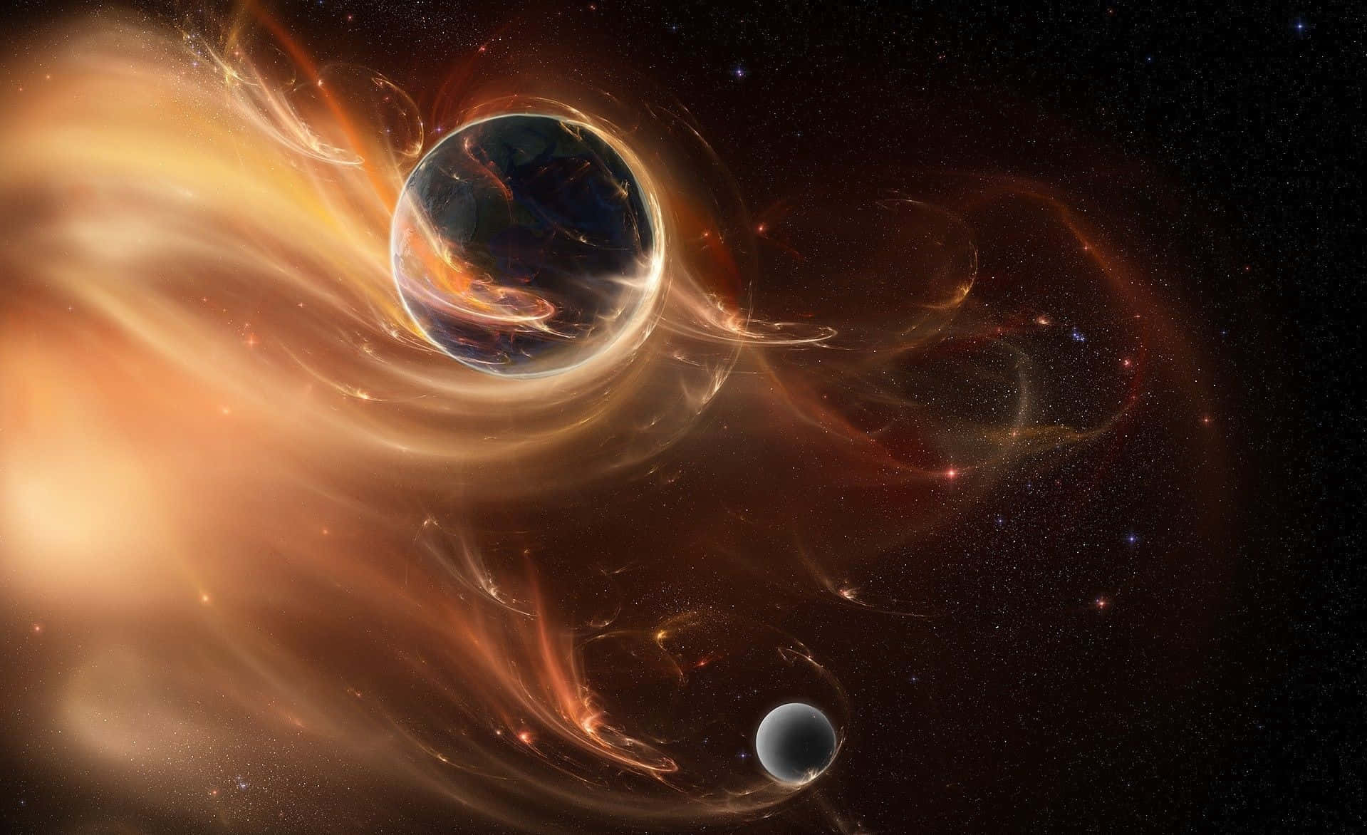 外太空 桌布 壁紙 — 一顆發光的行星，被旋轉的橙色和金色宇宙塵埃包圍，附近有一顆較小的衛星，背景是繁星點點的黑色虛空。
